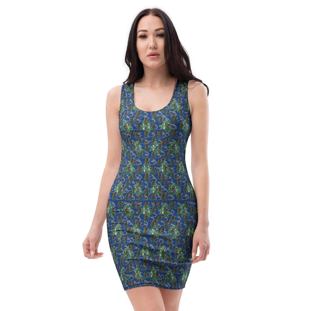 BudWear Cuffs and Blue-Bud Bodycon Dress featuring an all-over white print, fitted silhouette, and stylish design.