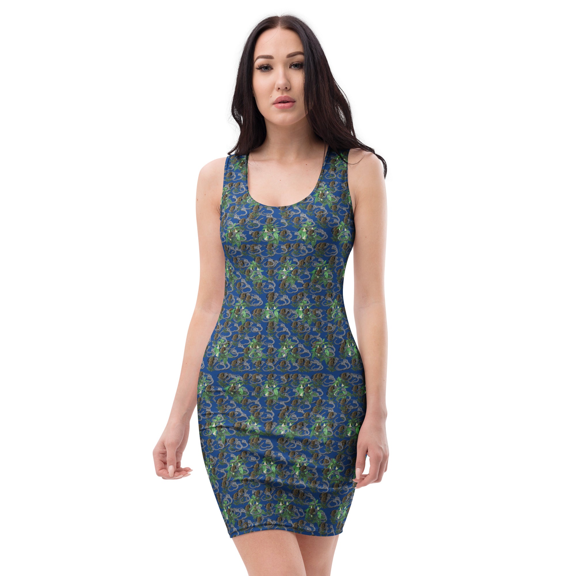 BudWear Cuffs and Blue-Bud Bodycon Dress featuring an all-over white print, fitted silhouette, and stylish design.