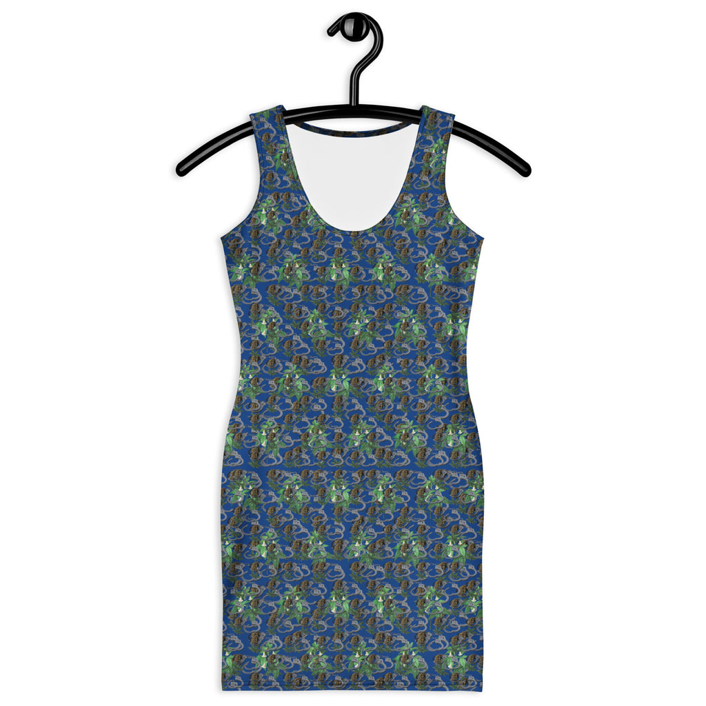 BudWear Cuffs and Blue-Bud Bodycon Dress with all-over white print, fitted silhouette, and stylish design, front view.