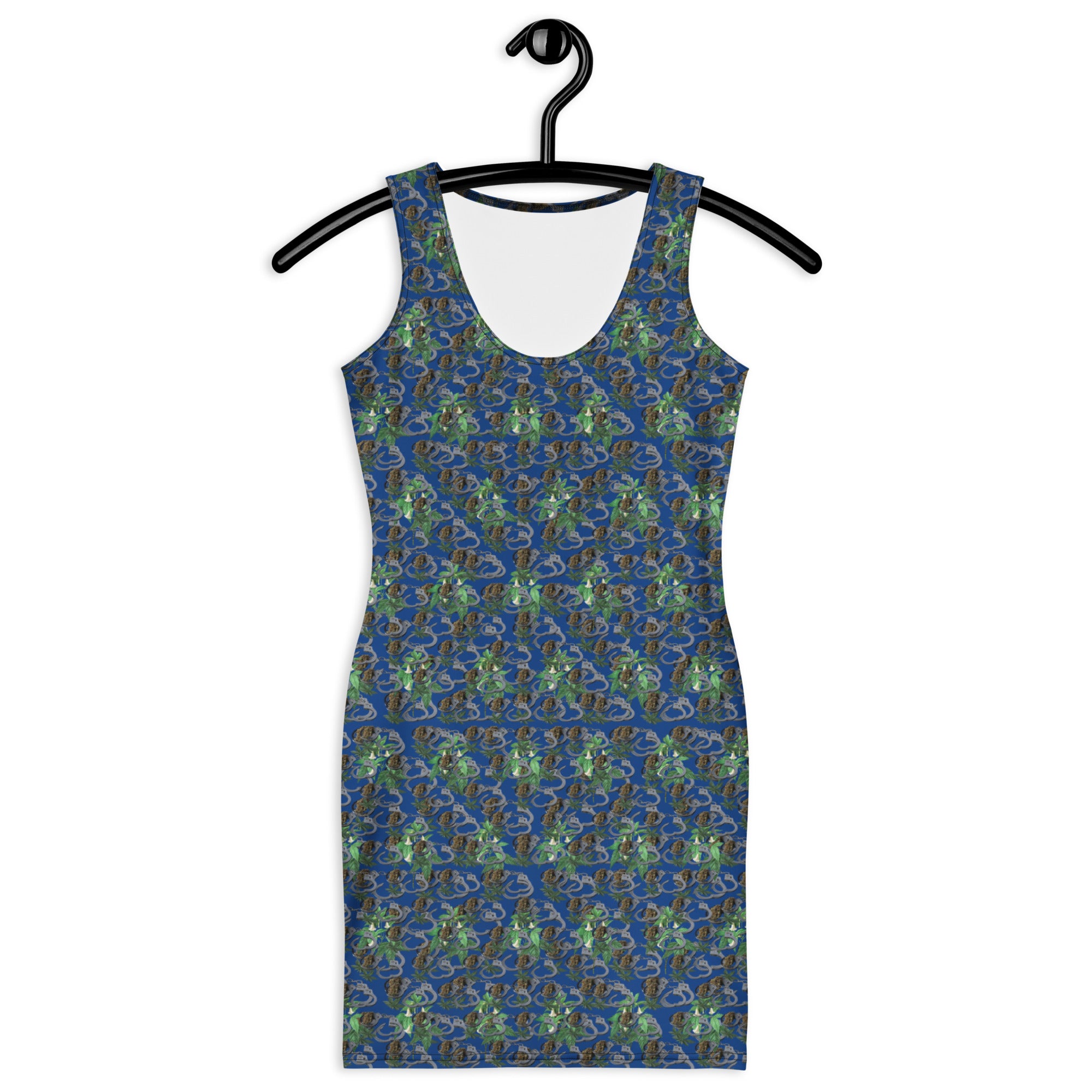 BudWear Cuffs and Blue-Bud Bodycon Dress with all-over white print, fitted silhouette, and stylish design, front view.