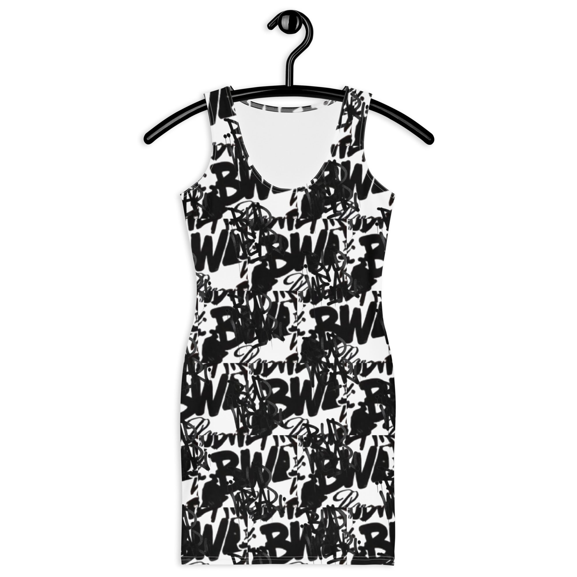 White BudWear Signature Ladies Dress, all-over-print bodycon cut-sew dress, front view showcasing fitted style and vibrant pattern.