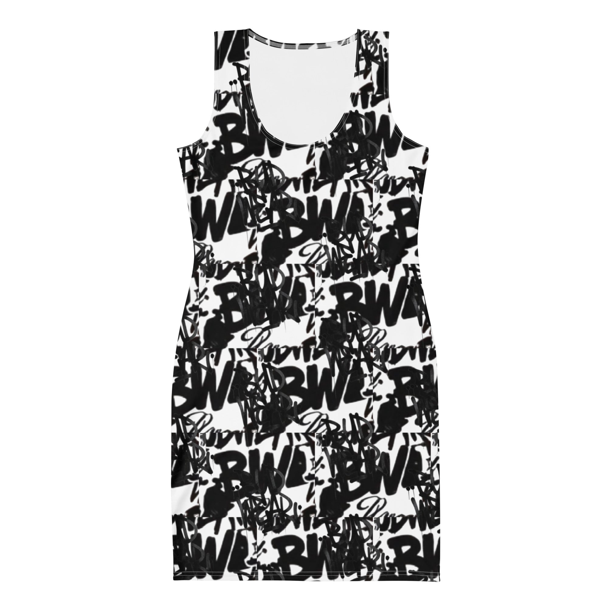 White BudWear Signature Ladies Dress, all-over-print bodycon cut-sew, close-up front view showing stylish design and fit.