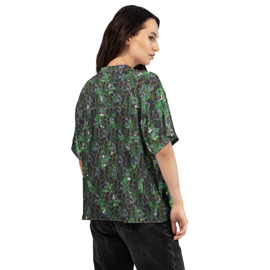 White Cuffs n Buds football jersey by BudWear featuring an all-over print and boxy fit, shown from the back.