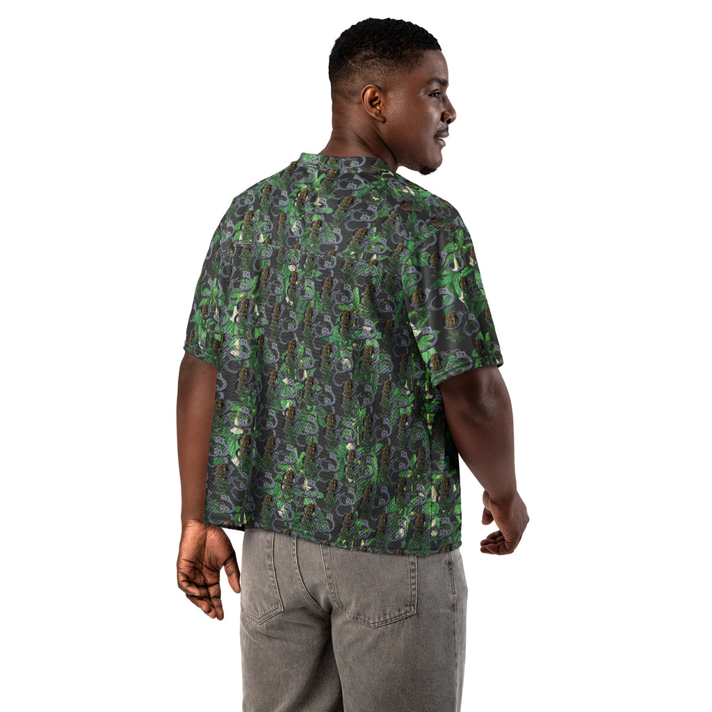 White Cuffs n Buds football jersey by BudWear featuring an all-over print and a boxy fit, viewed from the back.