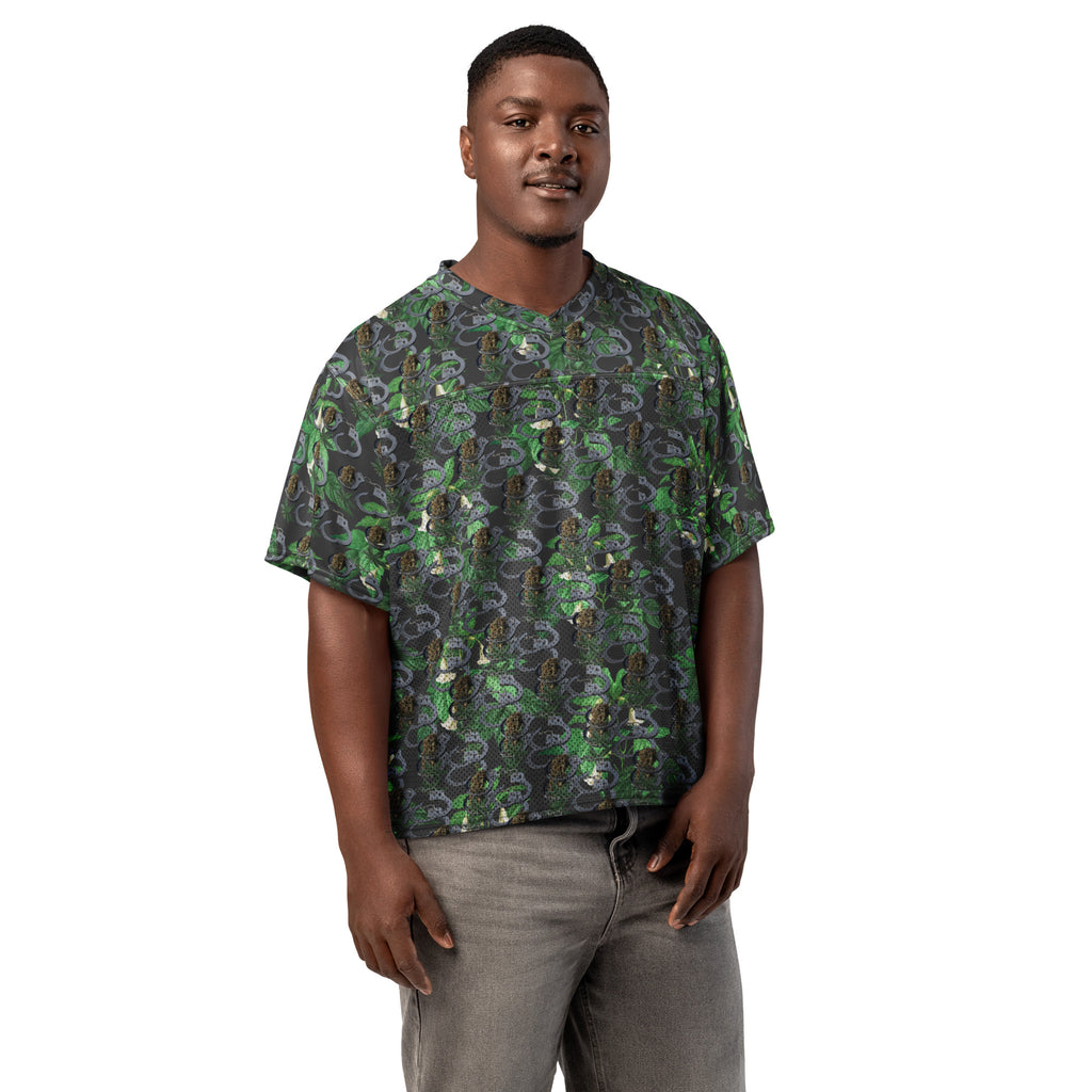White Cuffs n Buds football jersey by BudWear featuring all-over print, boxy fit, and bold team-inspired design.