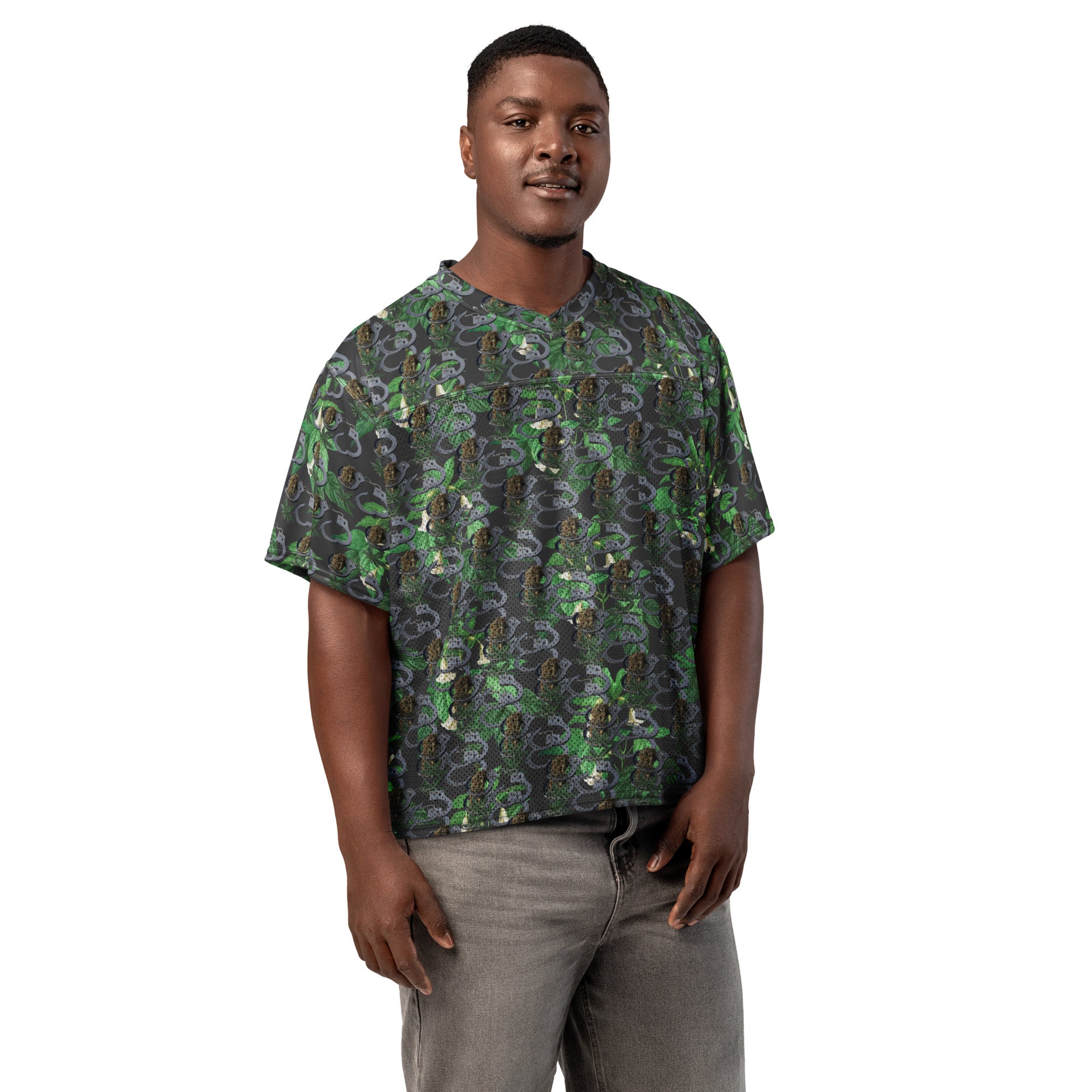 White cannabis print football jersey by BudWear with all-over vibrant cannabis leaf design, designed for a boxy fit.