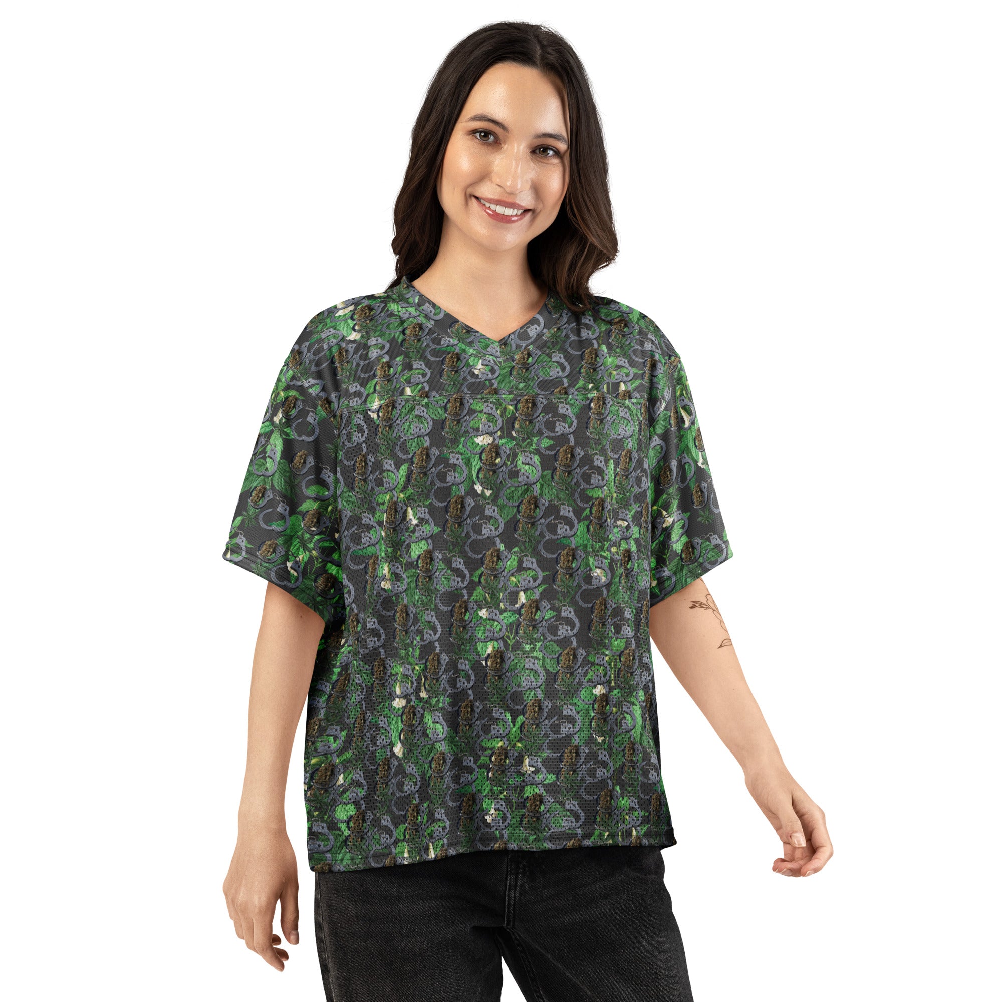 White Cuffs n Buds football jersey by BudWear with an all-over-print boxy design, front view showing vibrant pattern and sports style.