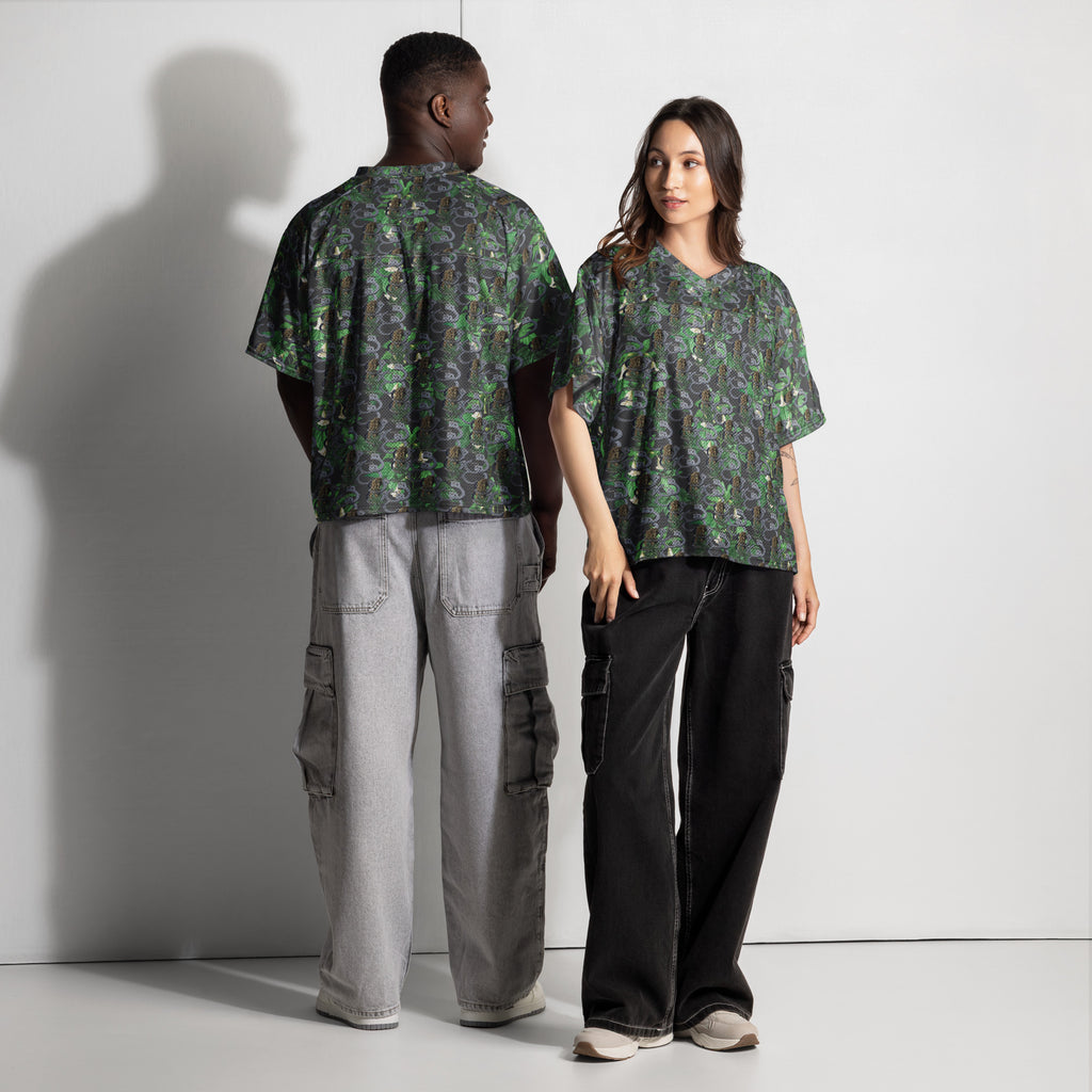 White Cuffs n Buds football jersey by BudWear with all-over print, shown from front and back in a boxy fit for casual sports style.