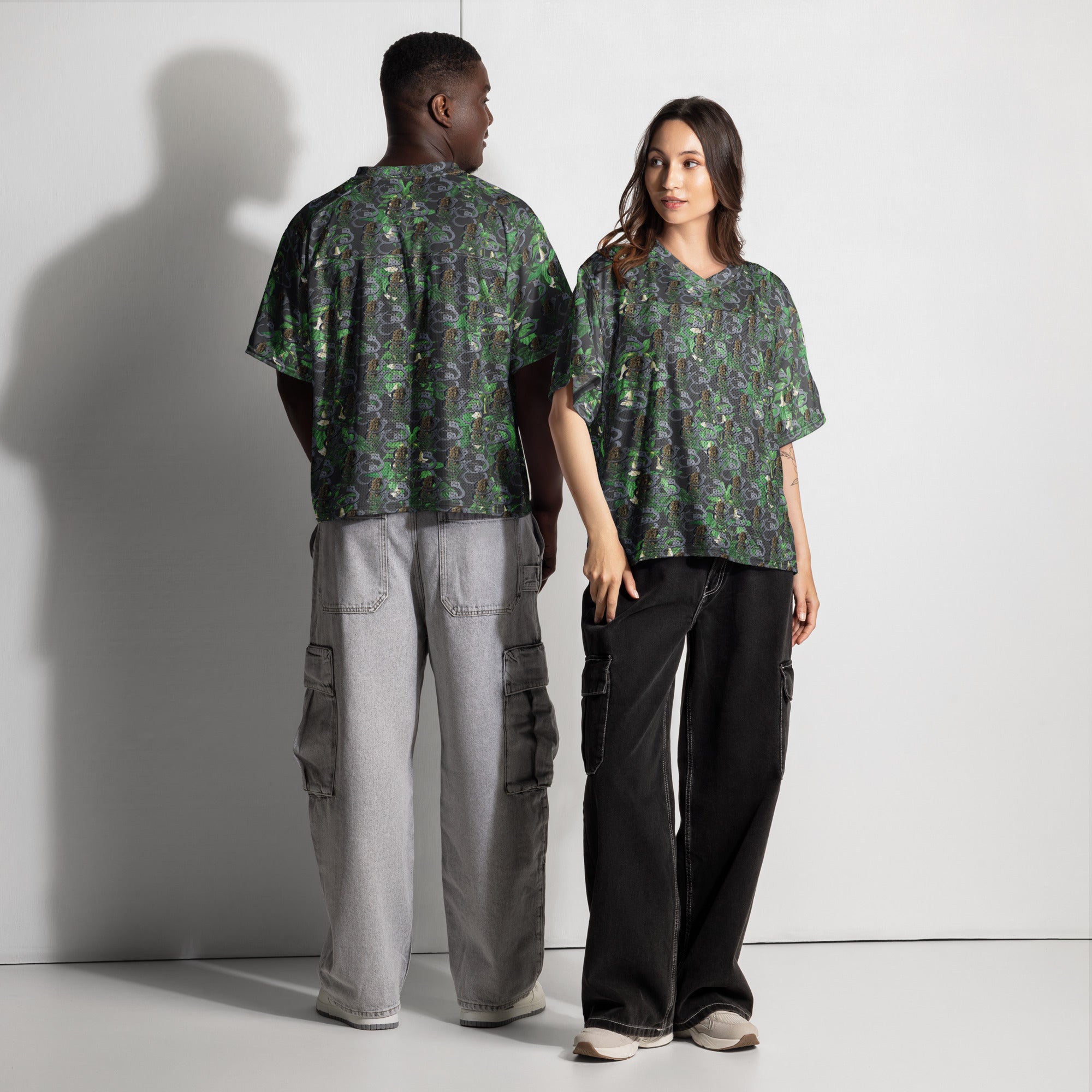 White Cuffs n Buds football jersey by BudWear with all-over print, shown from front and back in a boxy fit for casual sports style.
