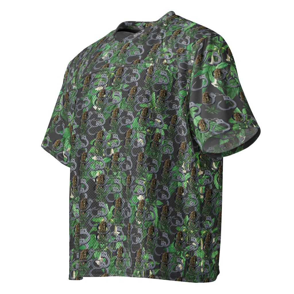White Cuffs n Buds football jersey by BudWear featuring all-over-print boxy design, front view, direct-to-fabric print.