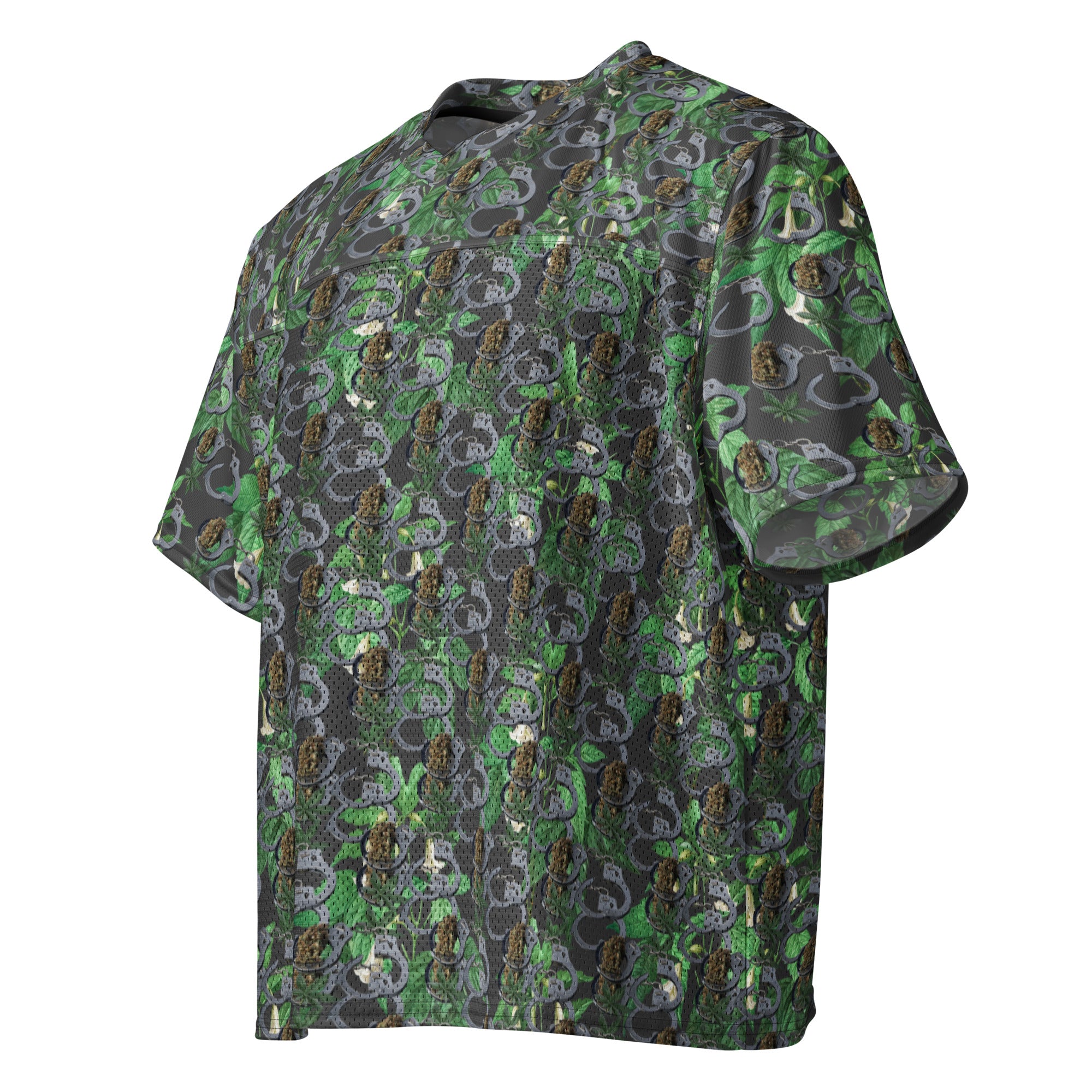 White Cuffs n Buds football jersey by BudWear featuring all-over-print boxy design, front view, direct-to-fabric print.