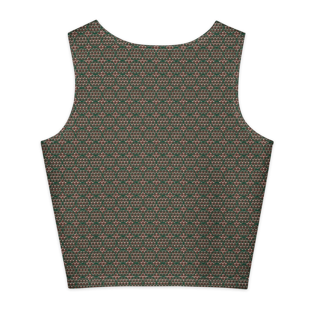 White cotton crop top by BudWear with all-over printed design, featuring a relaxed fit and short sleeves.