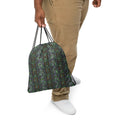 White BudWear drawstring bag with all-over colorful print, featuring a front view showcasing the casual, functional design.