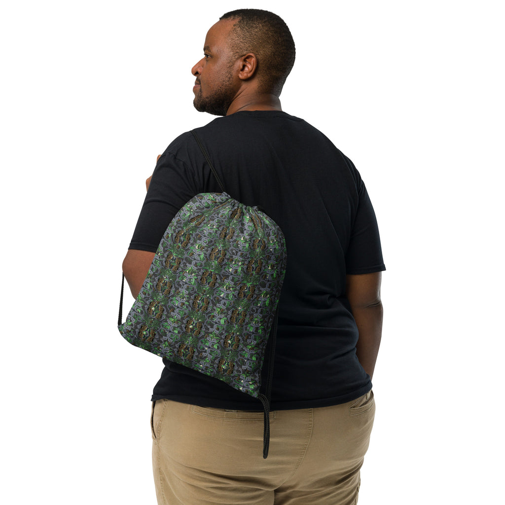White BudWear drawstring bag with all-over colorful print, featuring a casual, versatile design for everyday use.