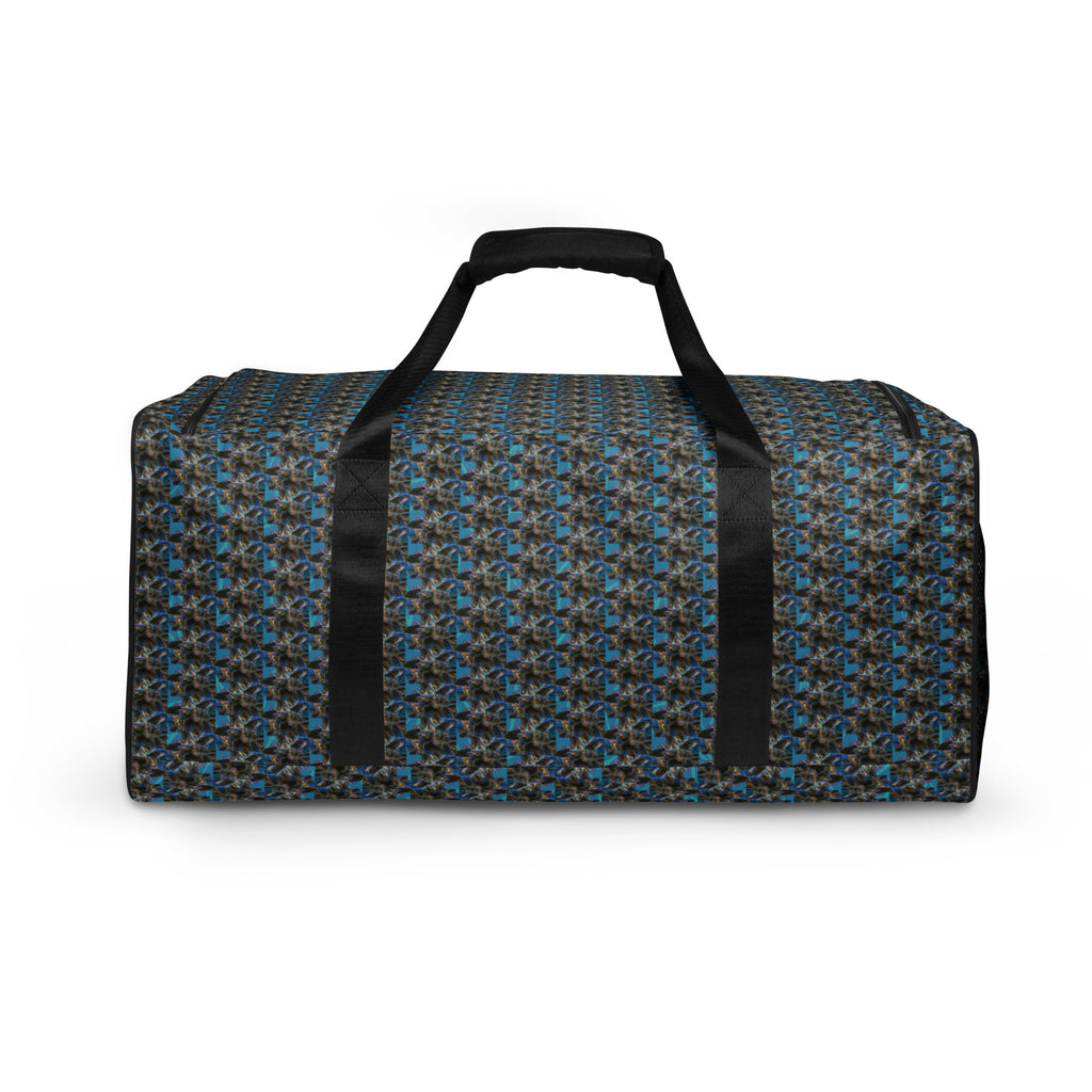 BudWear Blue-Bud Duffle Bag with all-over white print, showcasing the stylish and spacious design for travel and gym use.
