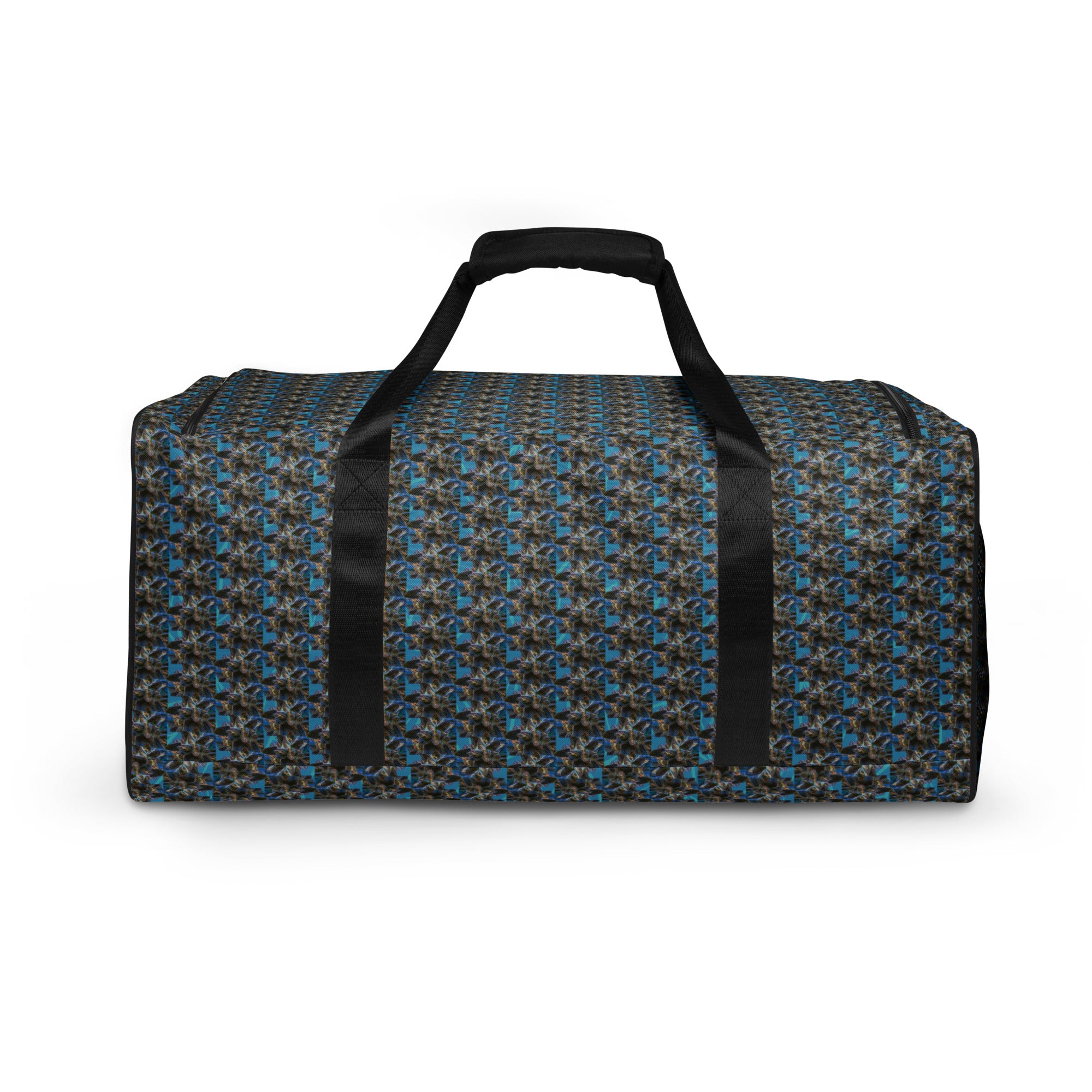 BudWear Blue-Bud Duffle Bag with all-over white print, showcasing the stylish and spacious design for travel and gym use.