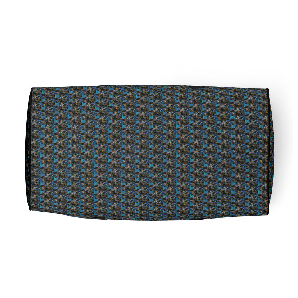 BudWear Blue-Bud duffle bag with all-over print and white bottom, featuring a stylish, functional design for travel or gym use.