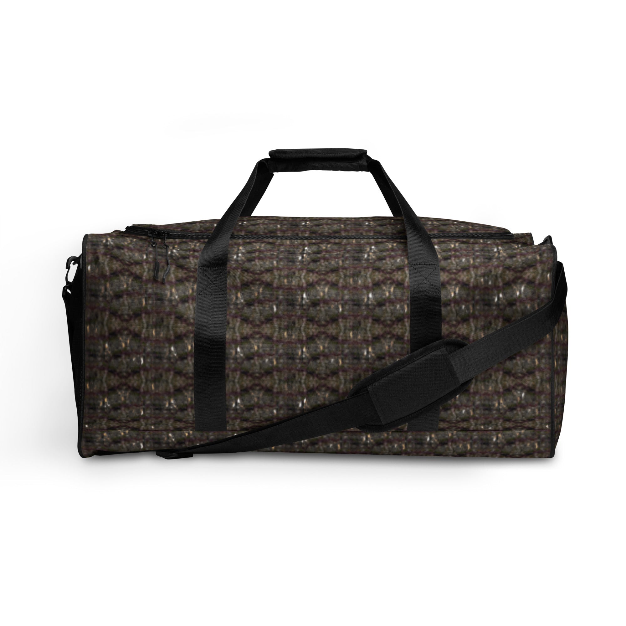 All-over-print white Trichoman Duffle Bag by BudWear, featuring a spacious design and adventure-inspired pattern on the front.
