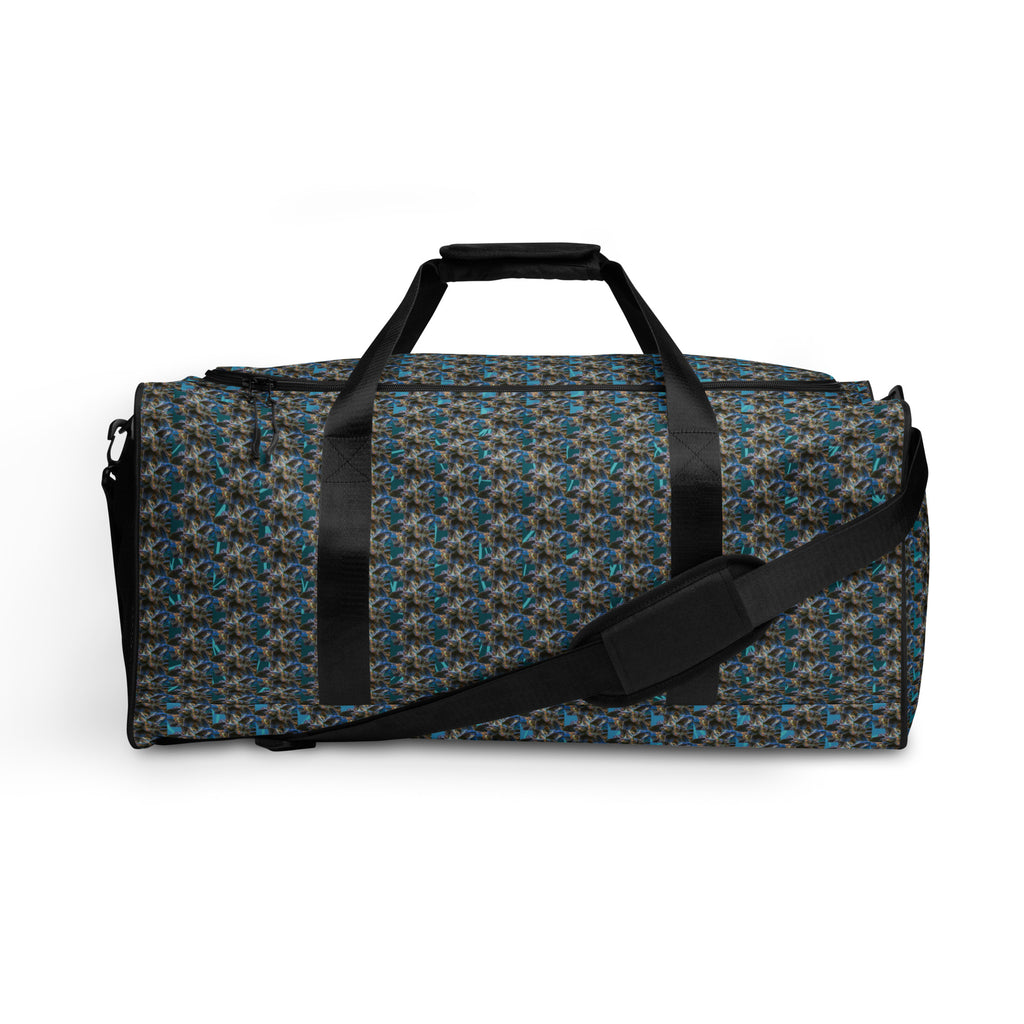 BudWear Blue-Bud Duffle Bag with all-over print, white fabric, featuring sturdy handles and spacious main compartment.