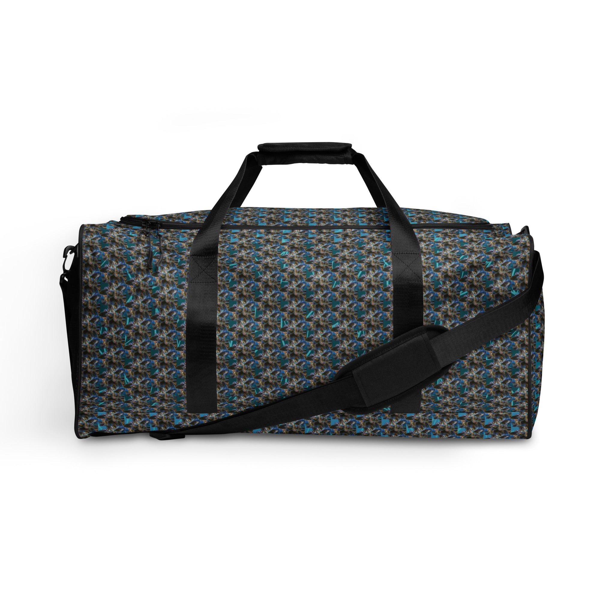 BudWear Blue-Bud Duffle Bag with all-over print, white fabric, featuring sturdy handles and spacious main compartment.