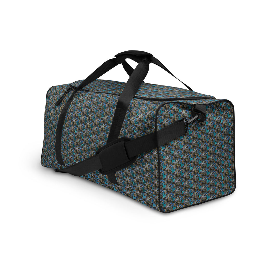 BudWear Blue-Bud Duffle Bag with all-over white print, showing the front and left side of the stylish, casual carryall.
