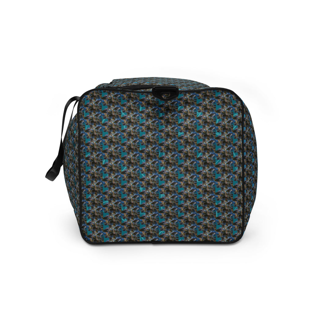 BudWear Blue-Bud Duffle Bag with all-over print, showing the white side and detailed design on the fabric.