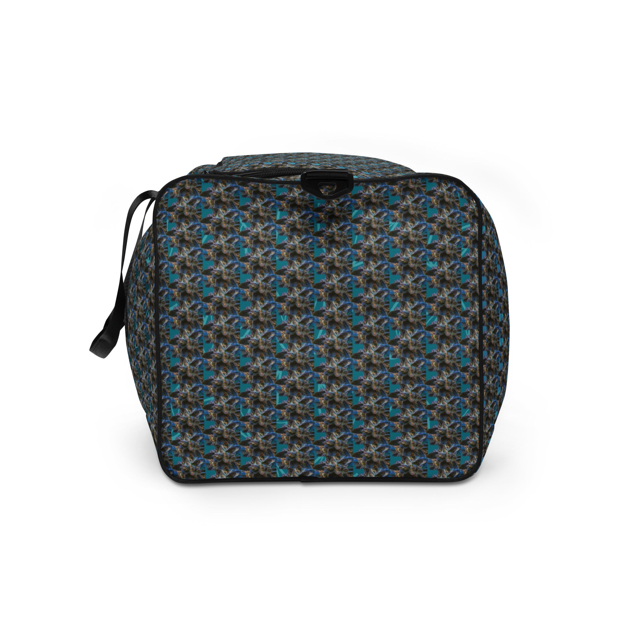 BudWear Blue-Bud Duffle Bag with all-over print, showing the white side and detailed design on the fabric.