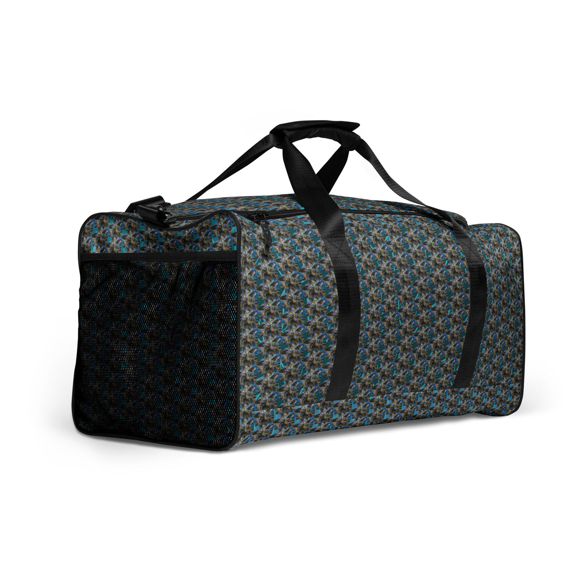 Blue Cannabis Print Duffle Bag by BudWear, all-over white print design, travel duffle bag with sturdy handles and spacious interior.