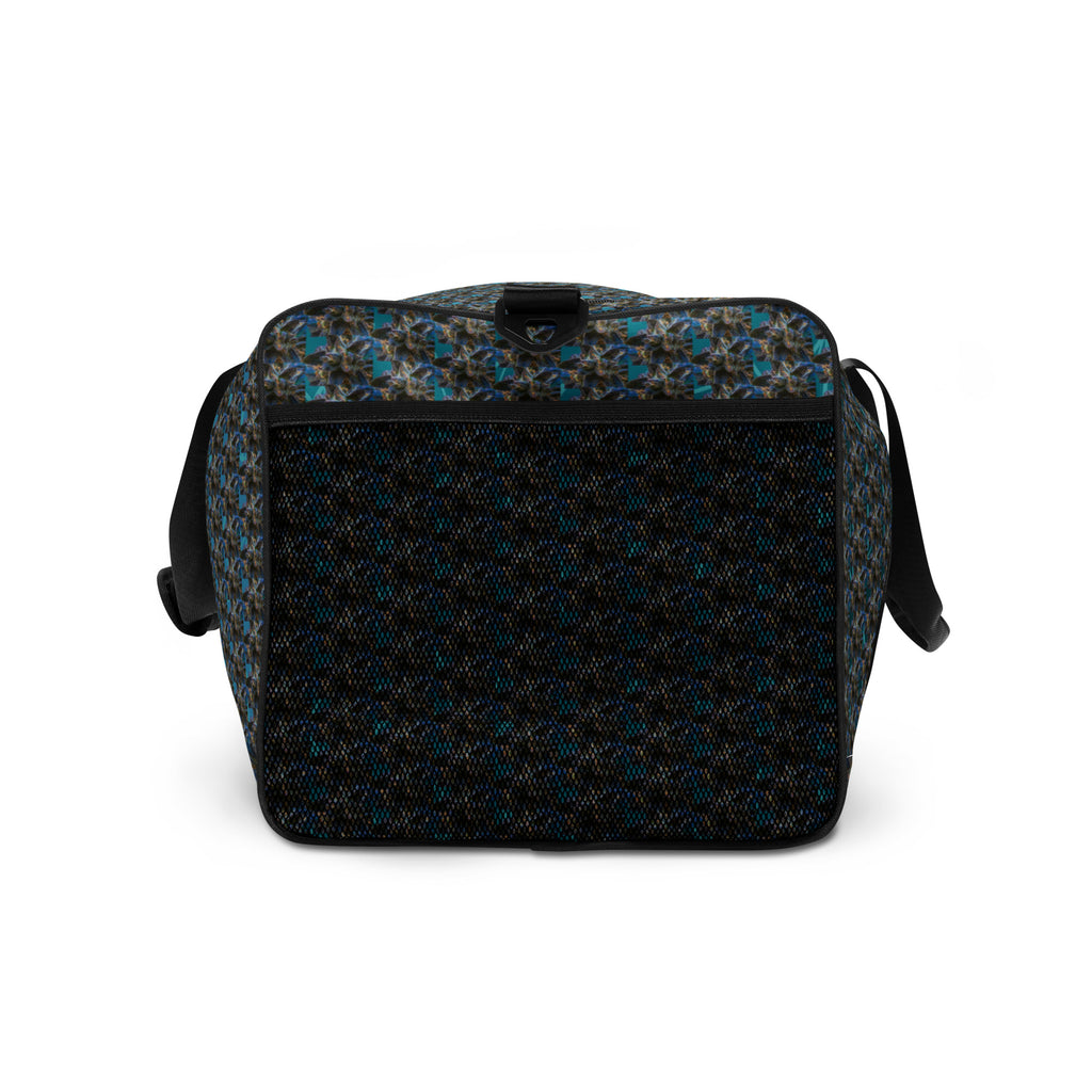 BudWear Blue-Bud Duffle Bag with all-over print, showing white side and durable fabric for travel or gym use.