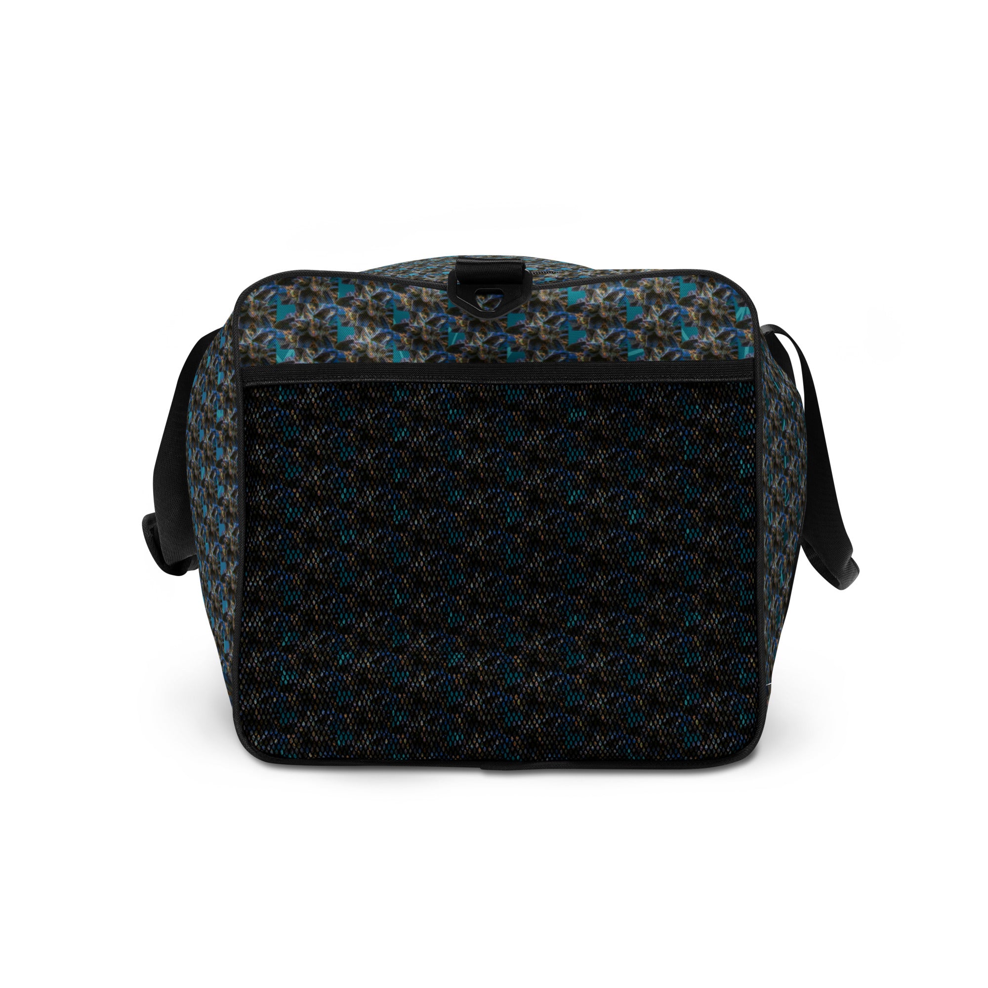 BudWear Blue-Bud Duffle Bag with all-over print, showing white side and durable fabric for travel or gym use.