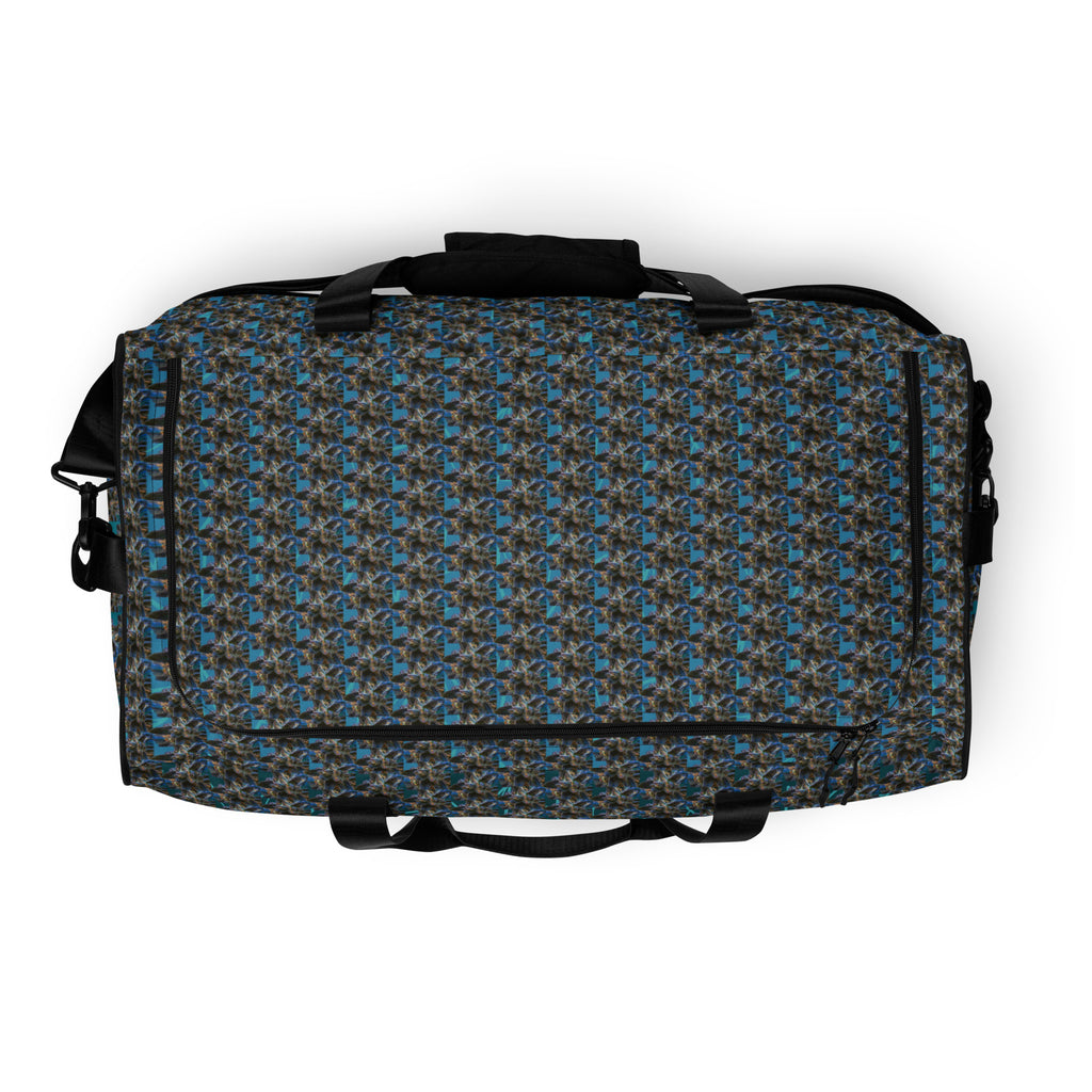 BudWear Blue-Bud Duffle Bag with all-over print, featuring a white top and durable cut-sew design for travel and gym use.