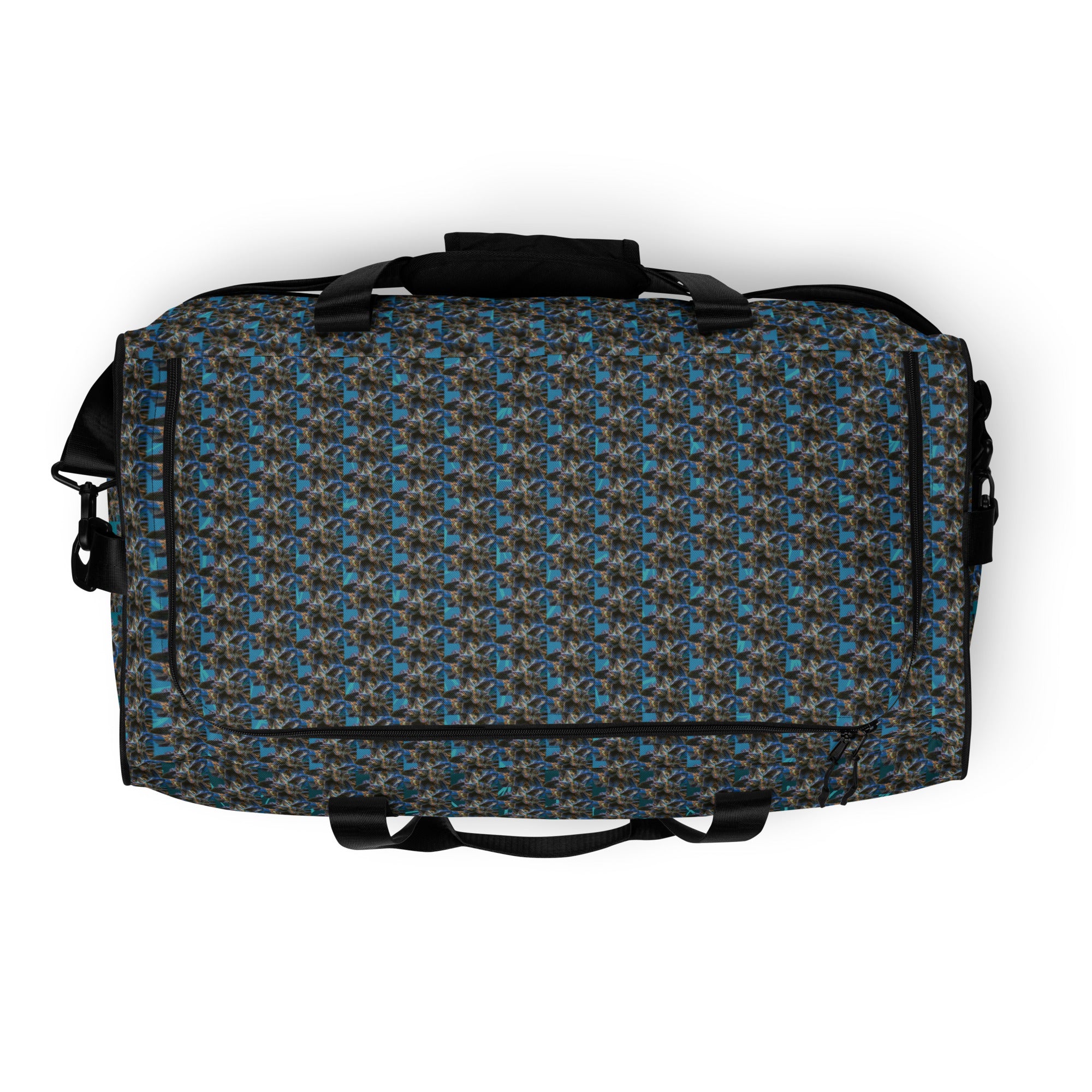 BudWear Blue-Bud Duffle Bag with all-over print, featuring a white top and durable cut-sew design for travel and gym use.