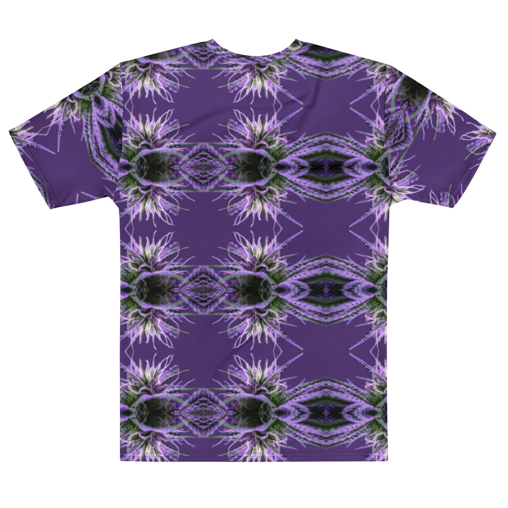 Purple-bud Mens-Tee by BudWear, all-over print crew-neck T-shirt with purple bud design on white back.