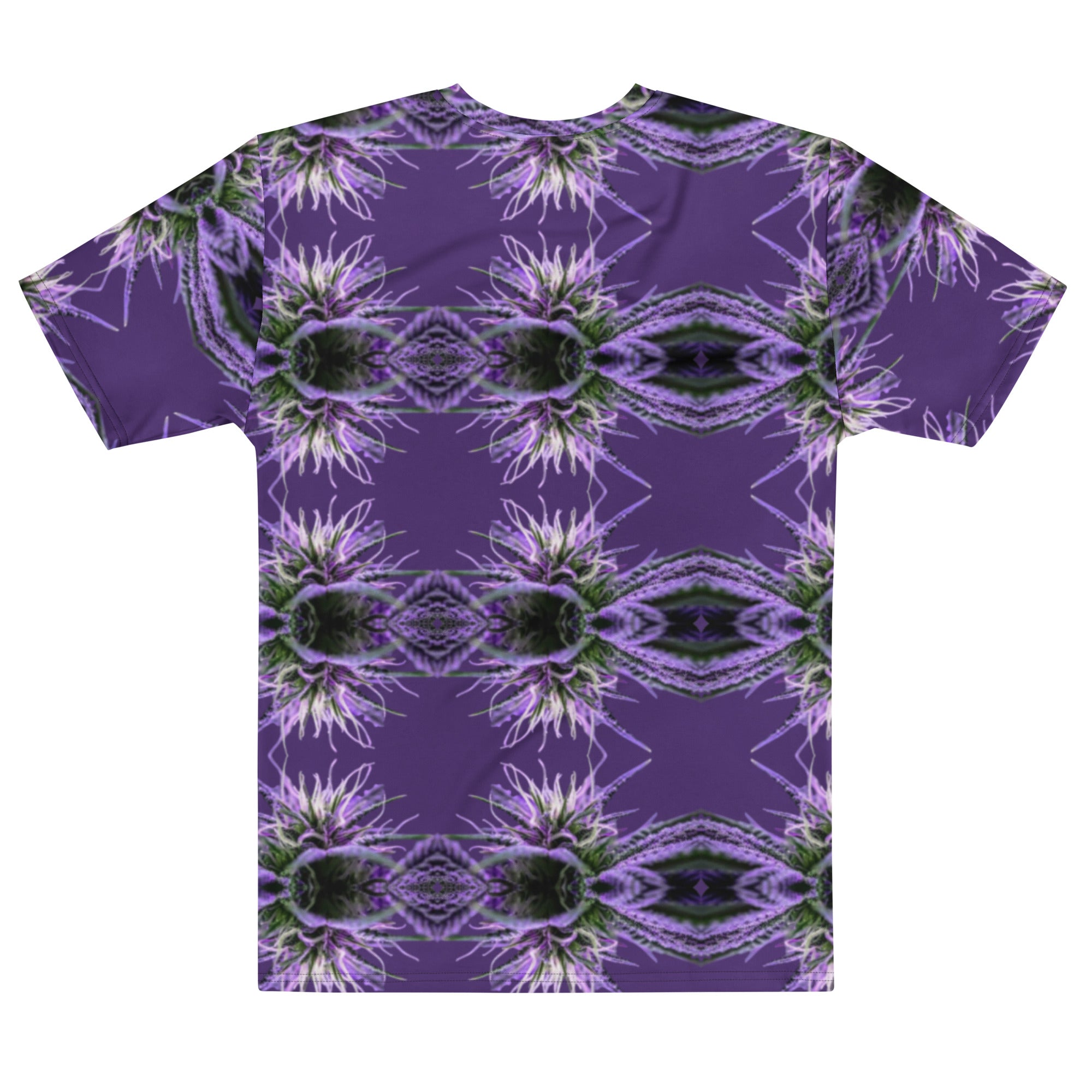 Purple-bud Mens-Tee by BudWear, all-over print crew-neck T-shirt with purple bud design on white back.