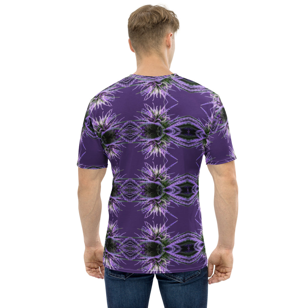 Purple-bud men's CUT-SEW T-shirt by BudWear with all-over purple bud print on a white crew-neck fabric.