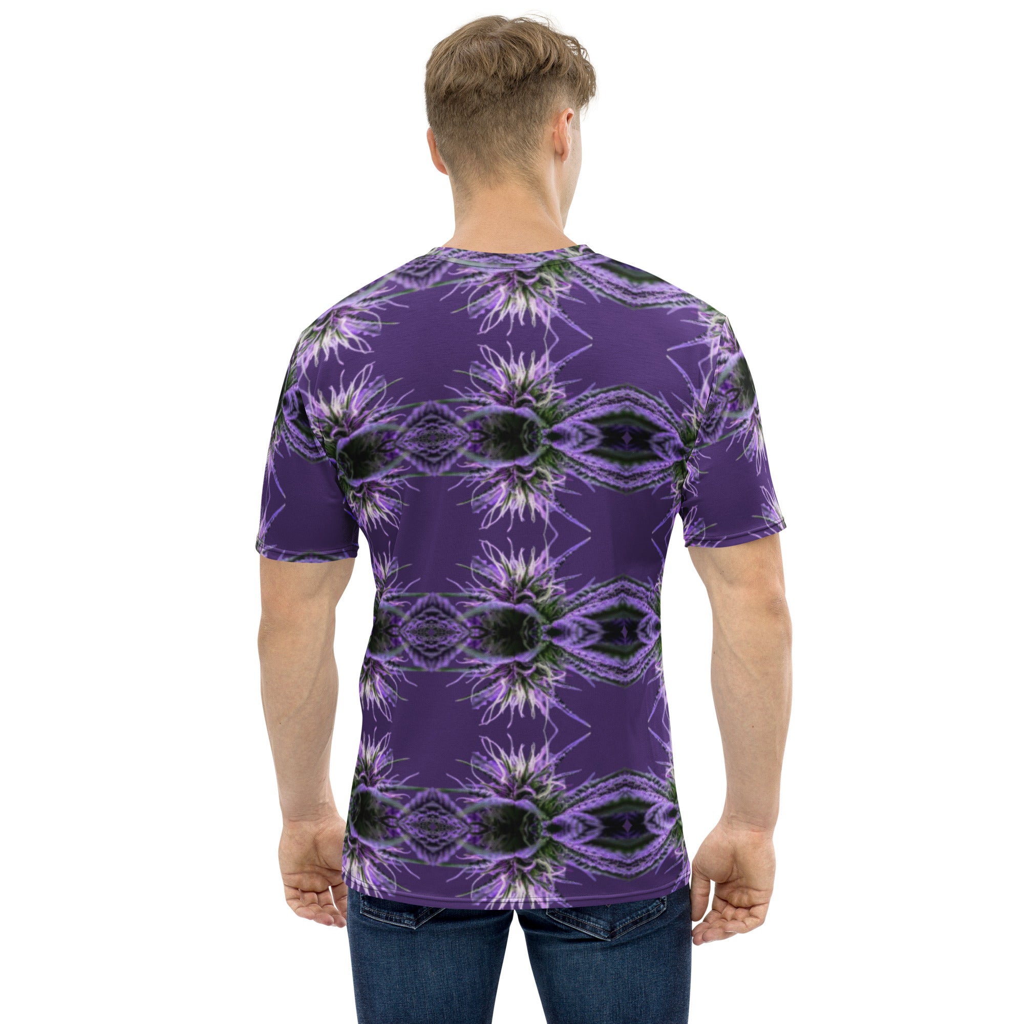 Purple-bud men's CUT-SEW T-shirt by BudWear with all-over purple bud print on a white crew-neck fabric.