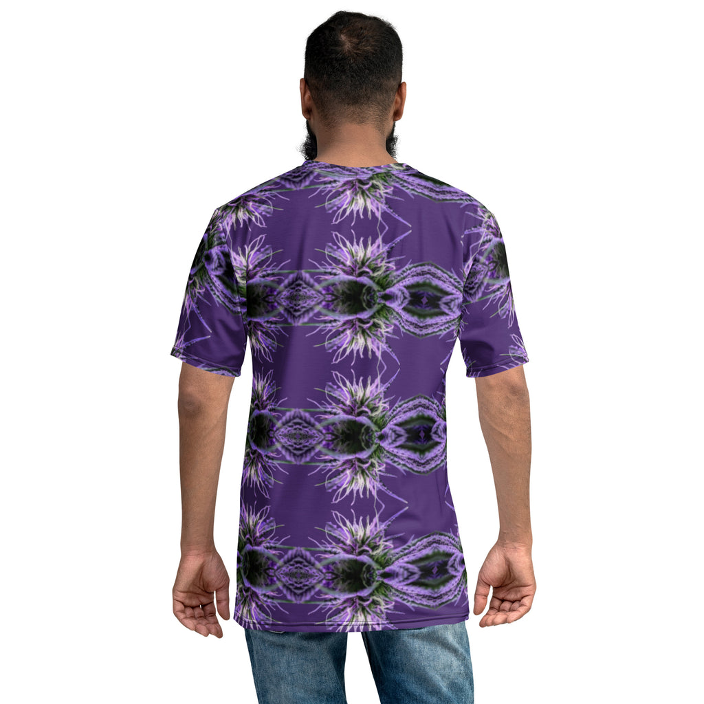 Purple-bud Mens-Tee by BudWear, all-over-print crew neck T-shirt with purple bud design on a white background.