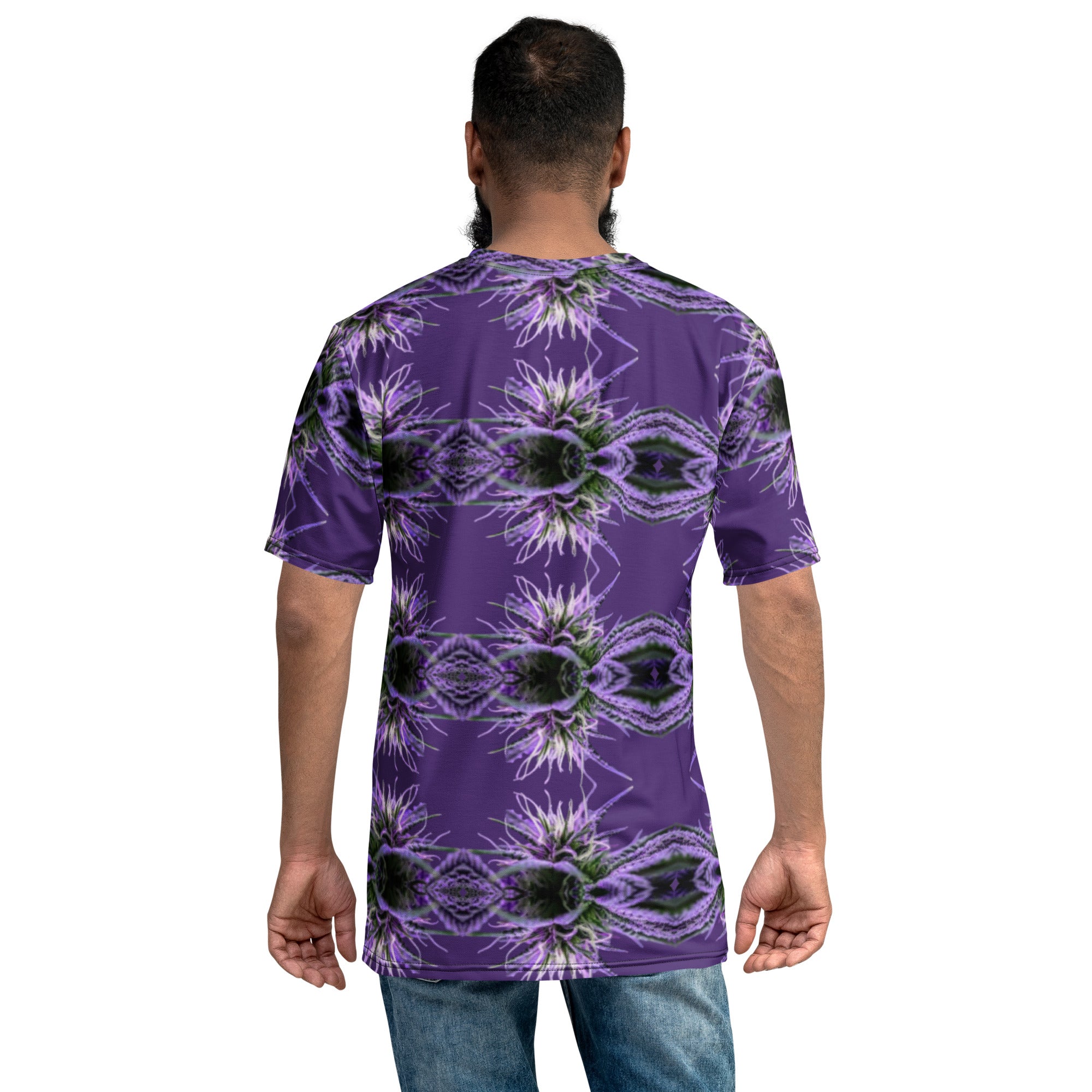 Purple-bud Mens-Tee by BudWear, all-over-print crew neck T-shirt with purple bud design on a white background.
