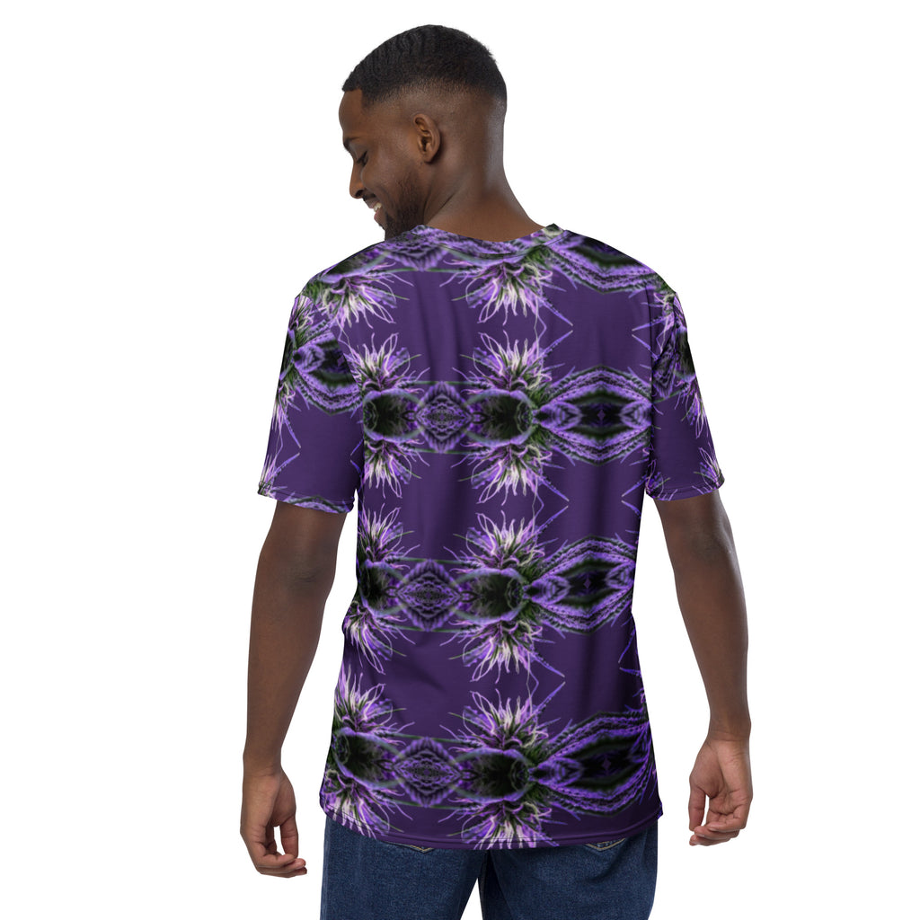 Purple-bud men's crew neck T-shirt by BudWear with all-over purple bud print on a white background.