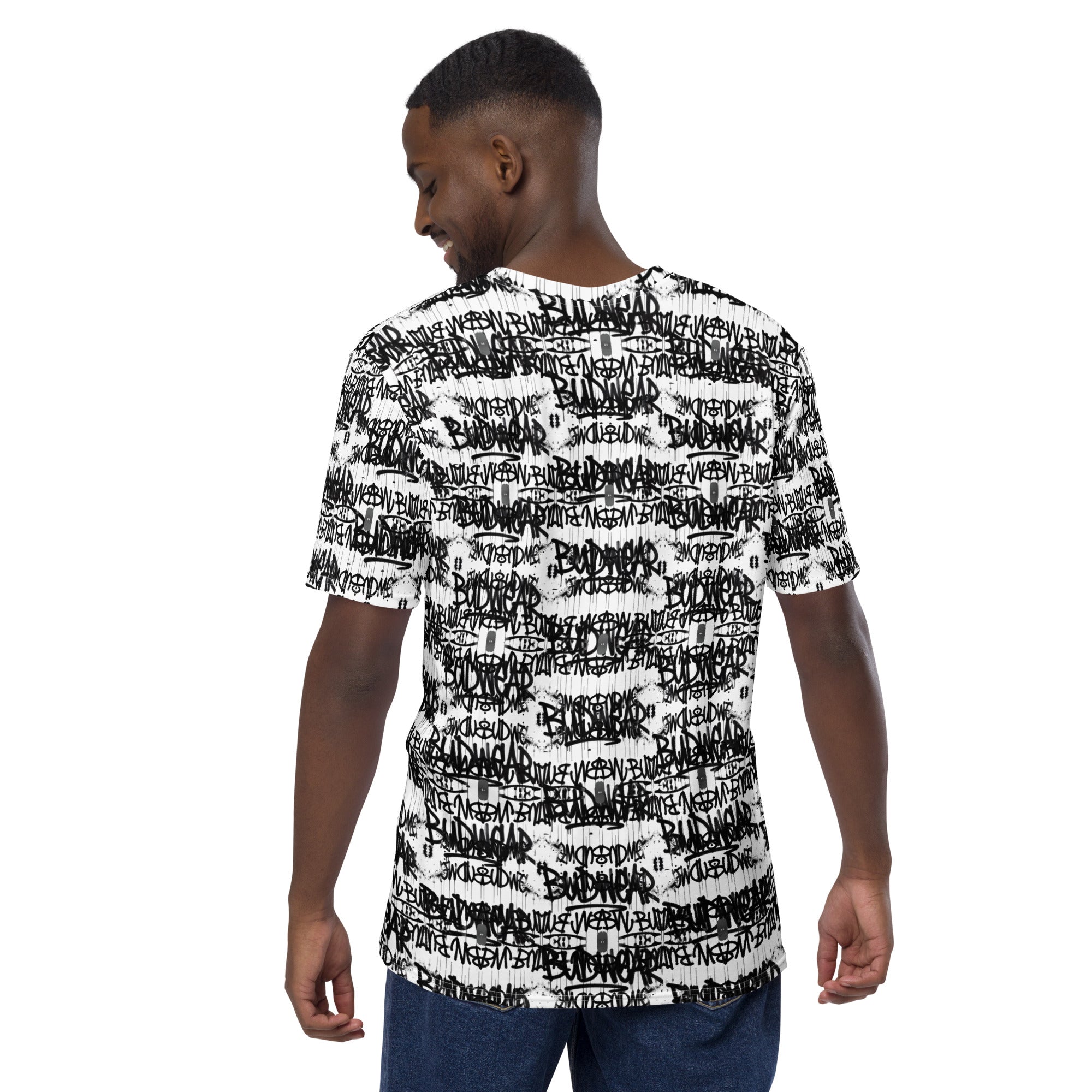 White men's crew neck t-shirt by BudWear with all-over print, featuring a stylish and comfortable casual design.