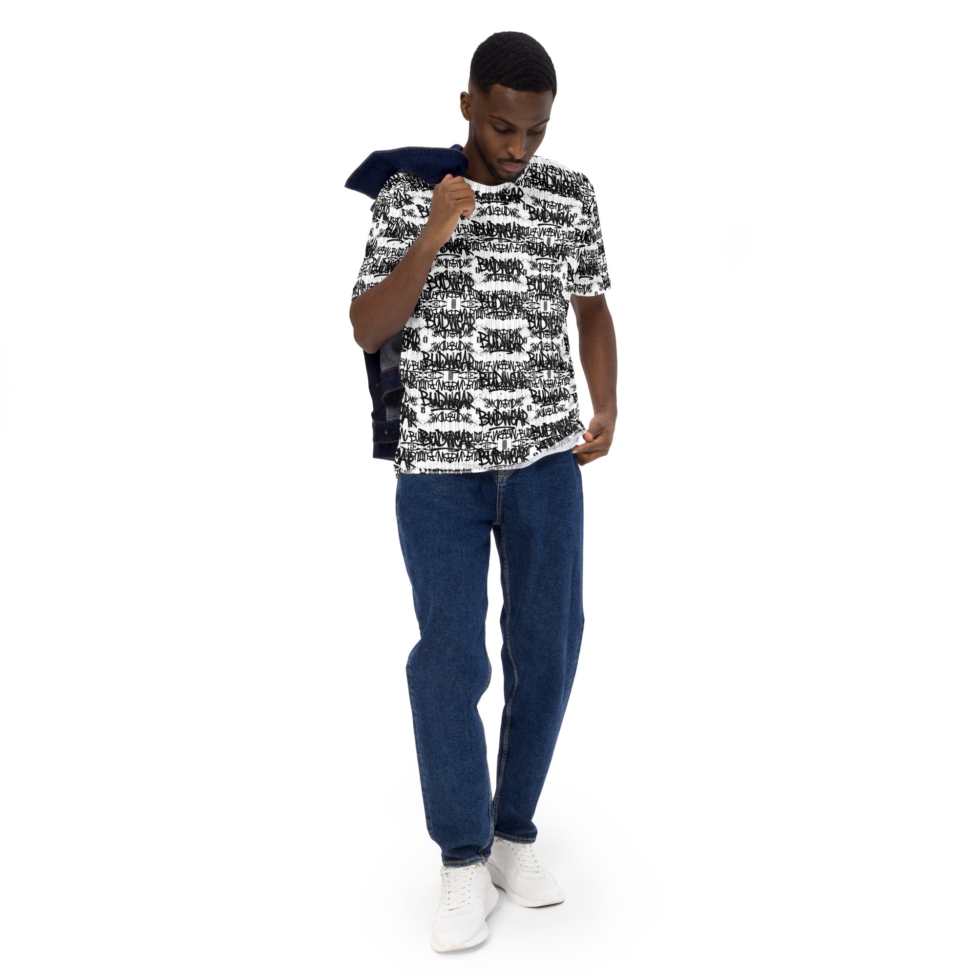 White men's Signature BudWear cut-sew crew neck T-shirt with all-over print, front view showcasing detailed design.