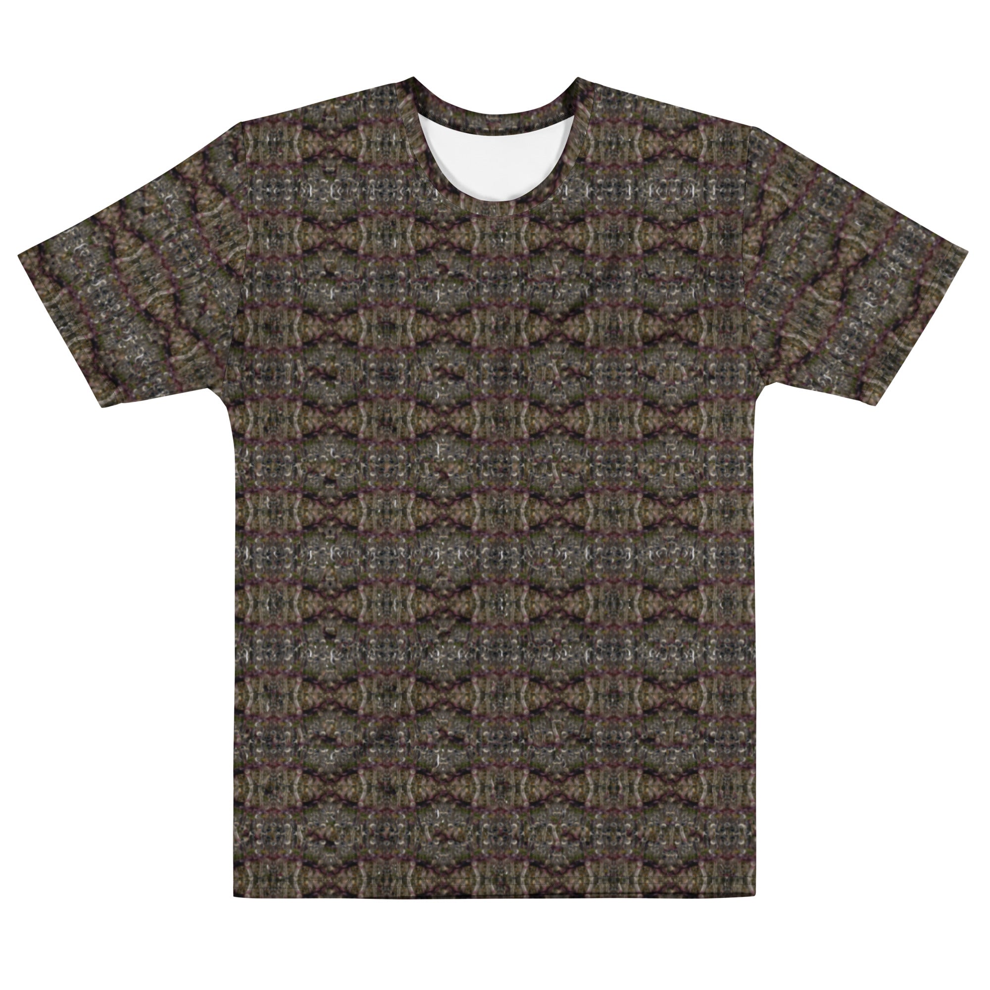 Trichoman Men's white crew-neck T-shirt with all-over print, designed by BudWear, front view with detailed pattern.