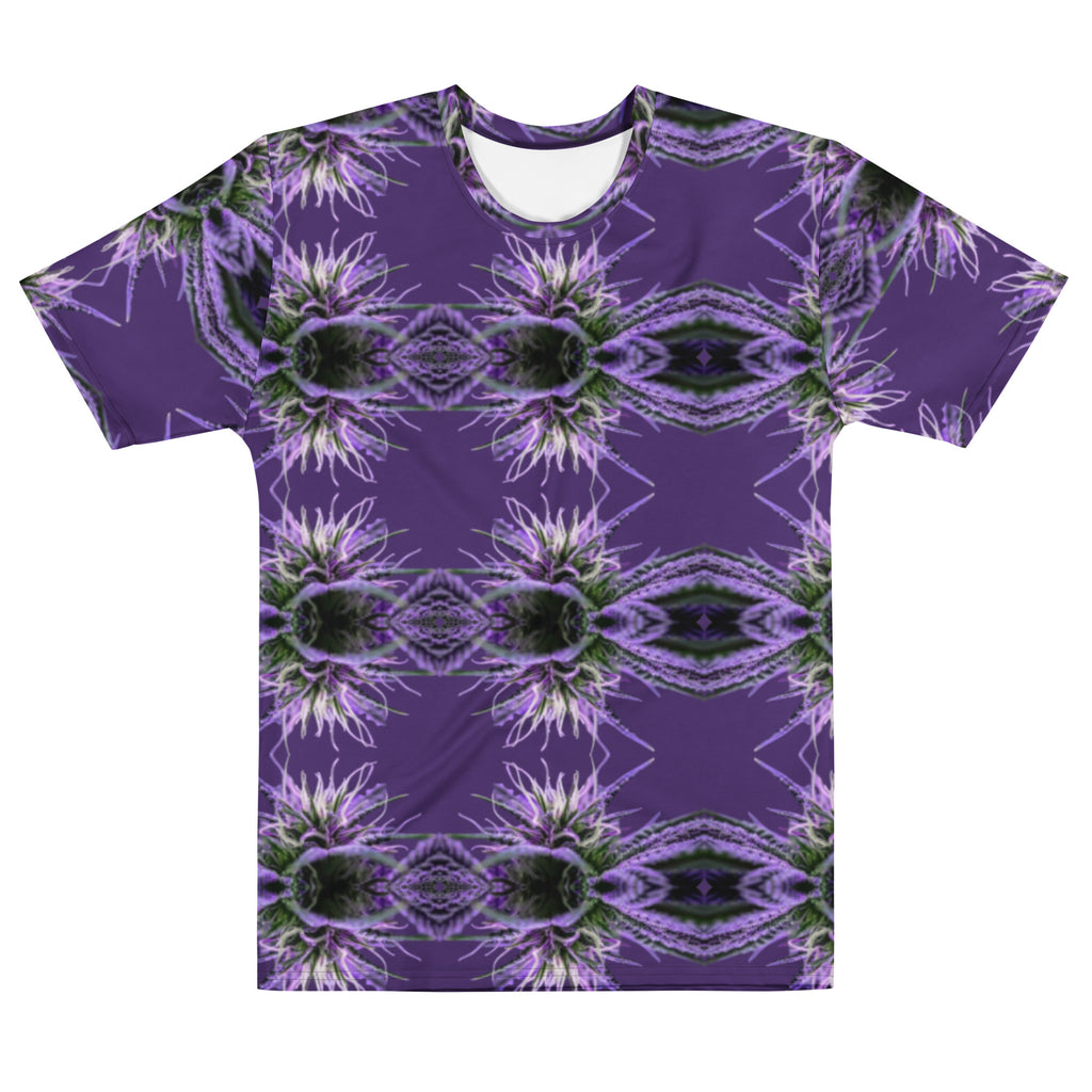 Purple-bud Mens-Tee by BudWear, all-over-print crew neck T-shirt with vibrant purple-bud design on white background.