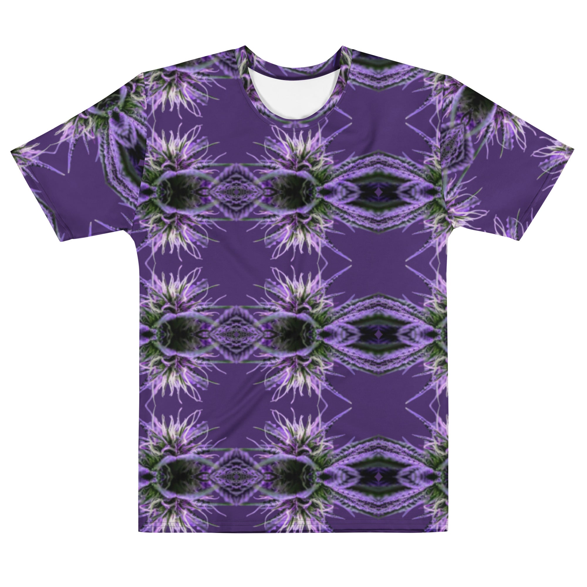 Purple-bud Mens-Tee by BudWear, all-over-print crew neck T-shirt with vibrant purple-bud design on white background.