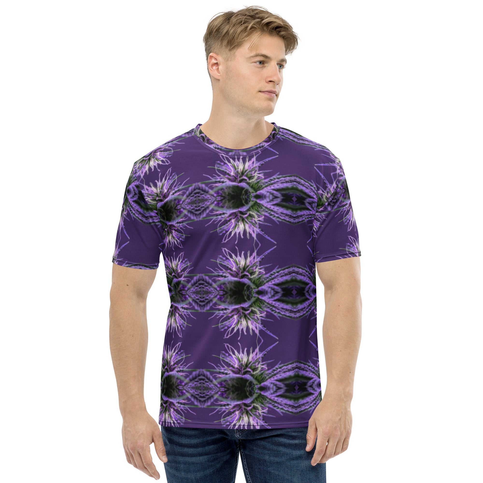 Purple-bud men's CUT-SEW T-shirt by BudWear featuring an all-over purple bud print on a white crew neck tee.