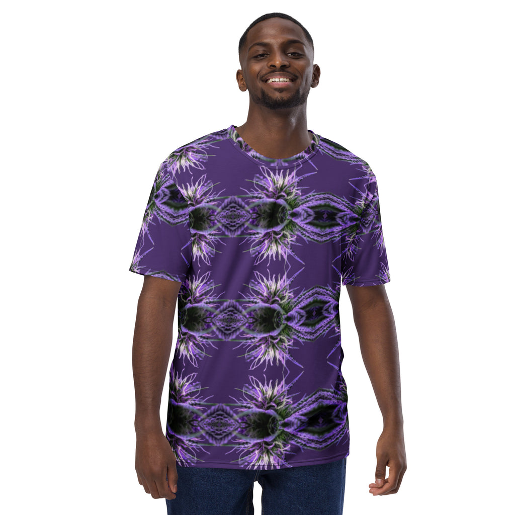 Purple-bud Mens-Tee by BudWear, all-over-print crew neck T-shirt featuring a vibrant purple-bud design on a white background.