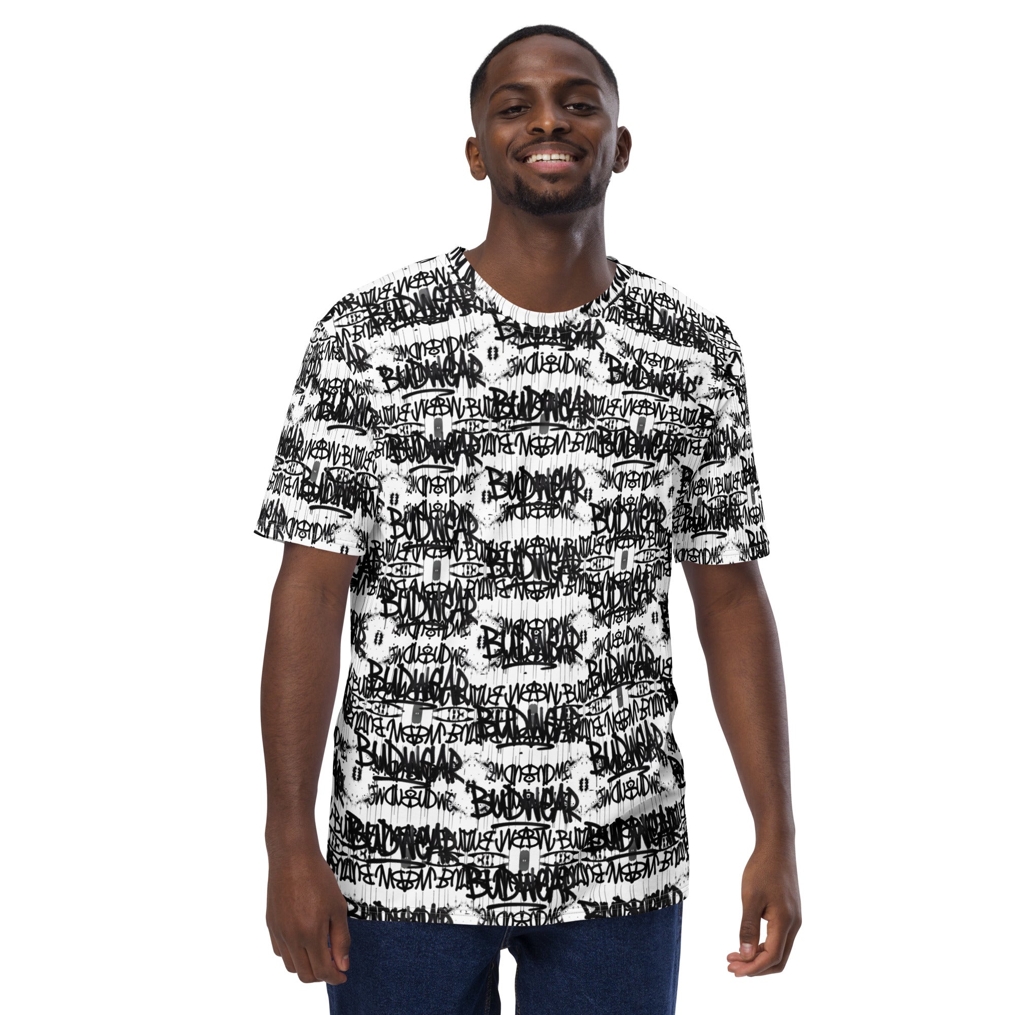 White men's Signature BudWear t-shirt with all-over print, crew neck, casual fit, made by BudWear.