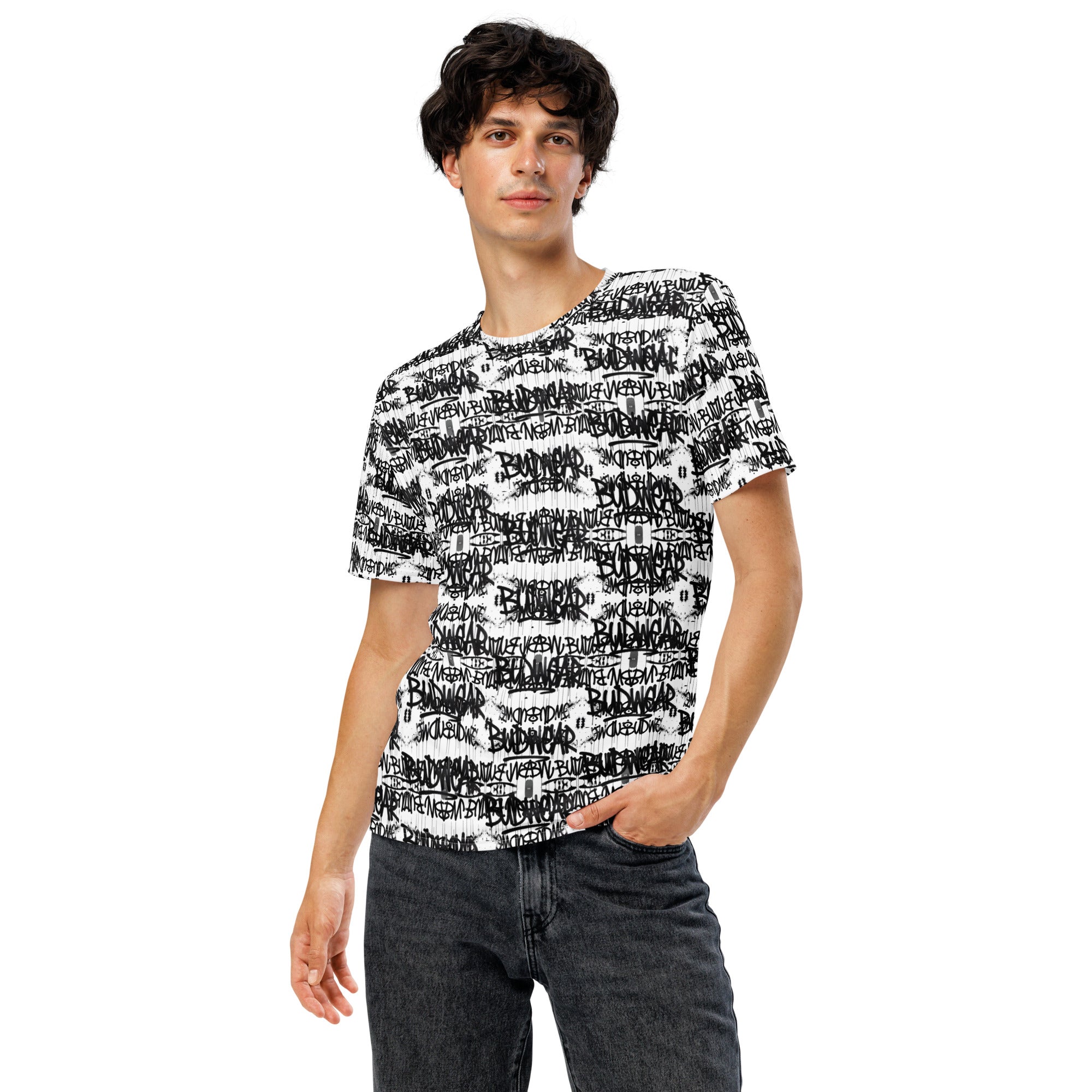 White men's Signature Budwear crew-neck T-shirt with all-over print, featuring a stylish and casual design.