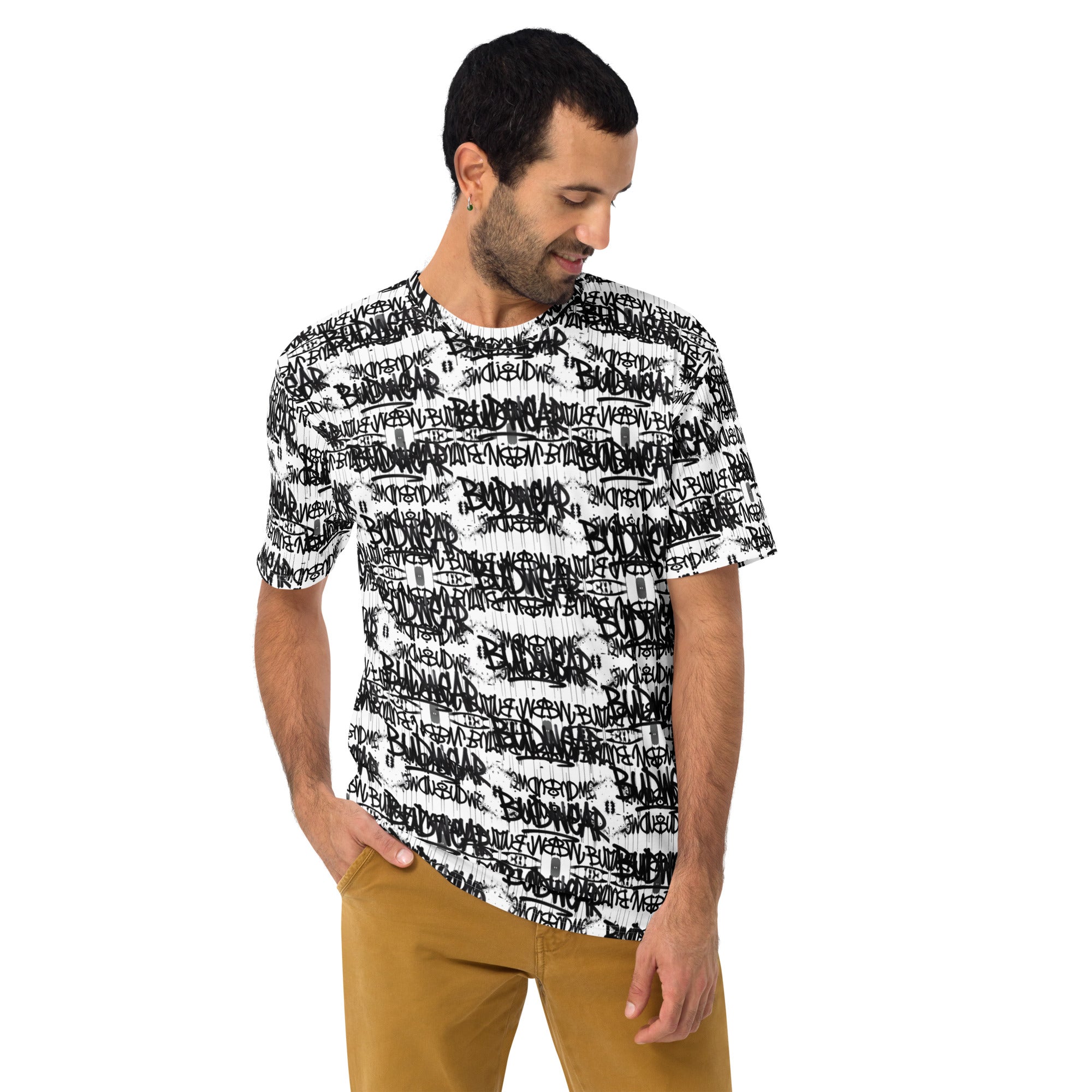 White men's Signature BudWear cut-sew crew neck T-shirt with all-over print, front view showing detailed design.