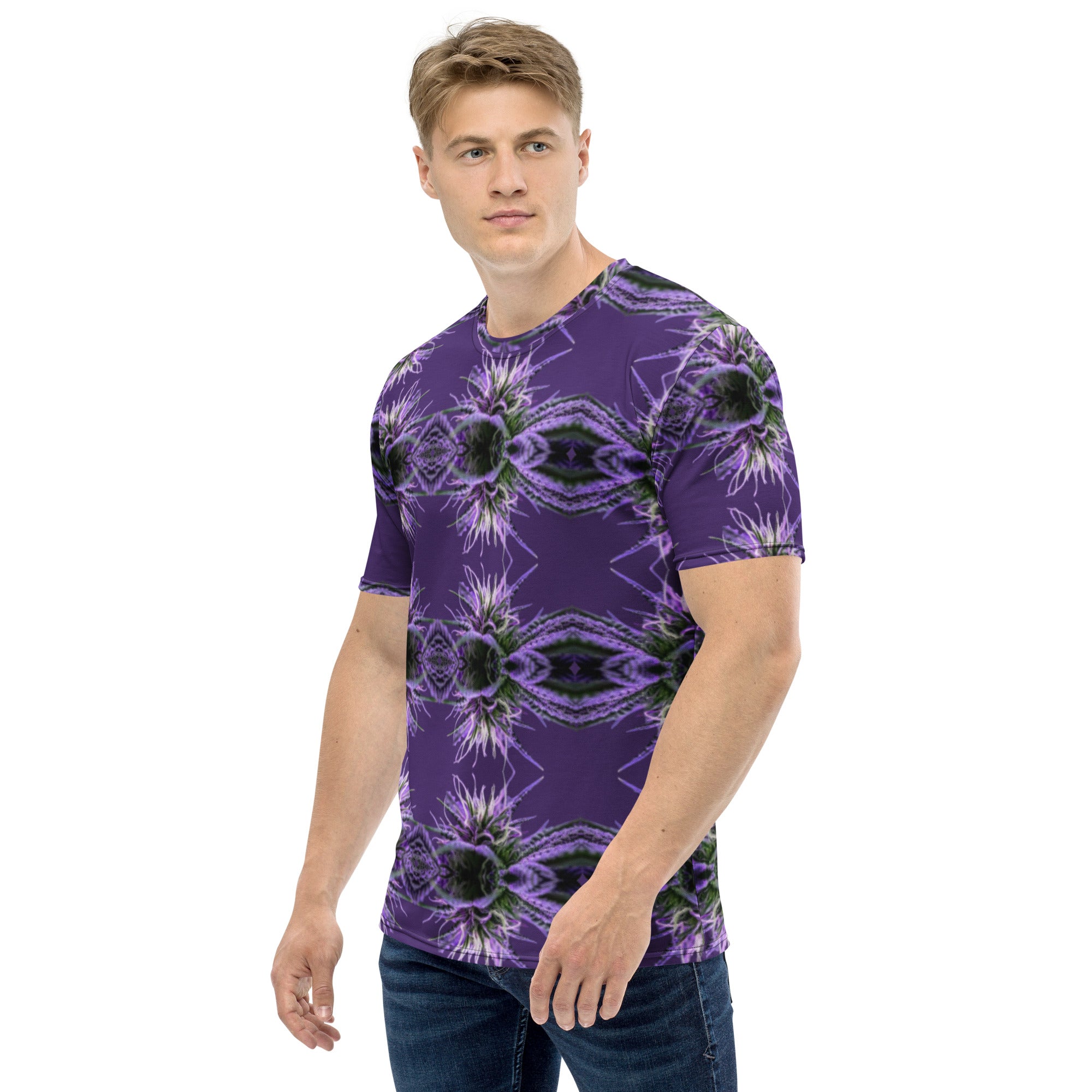 Purple-bud men's cut-sew crew neck T-shirt by BudWear with all-over purple bud print on white fabric.